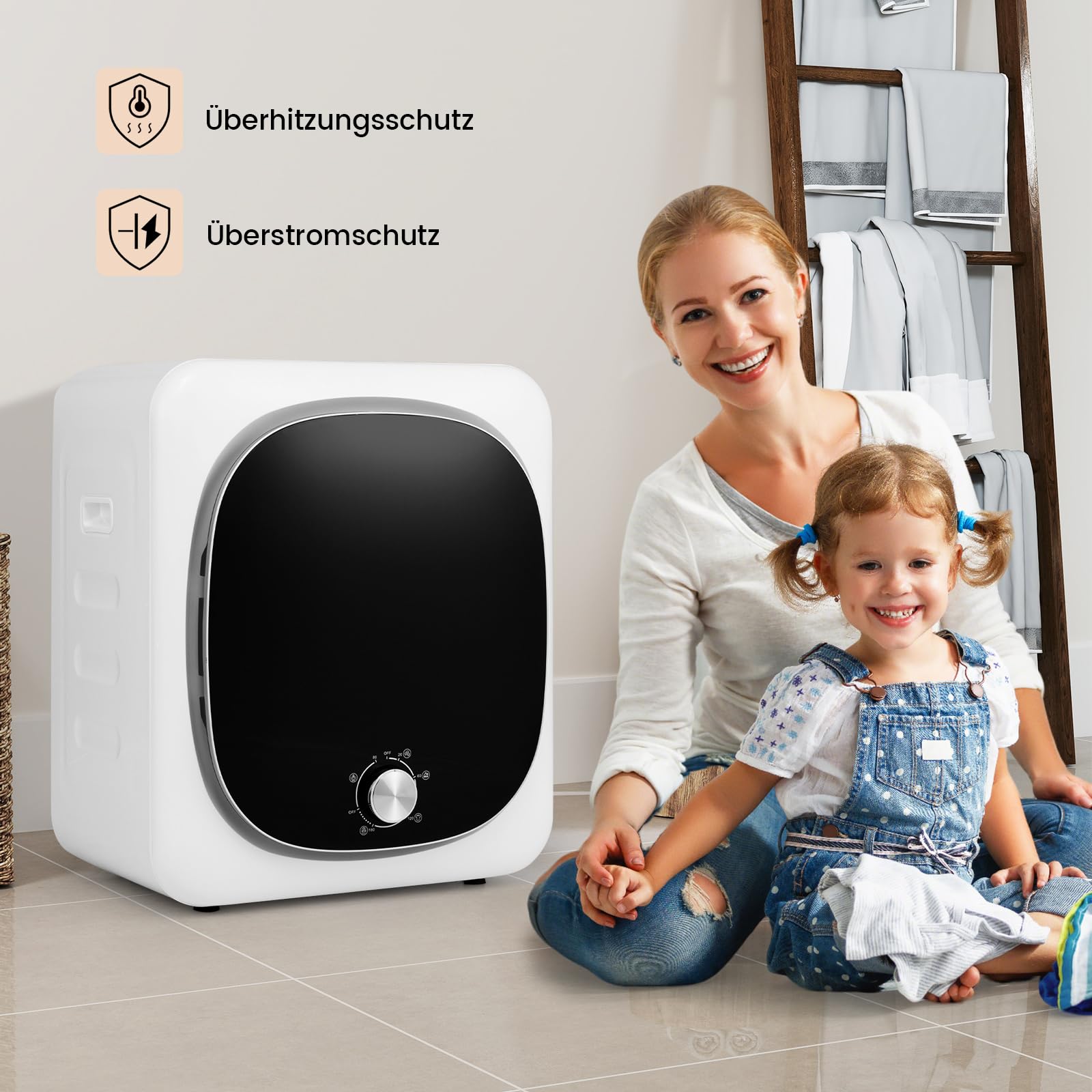 RELAX4LIFE Wäschetrockner Klein, Mini Trockner mit 5 Programme, Ablufttrockner mit Überhitzungsschutz, Mehrfachfiltration, Timer, 2,5kg tatsächlich bis 4kg, 800W, 48x40x56 cm, Freistehend/Wandmontage