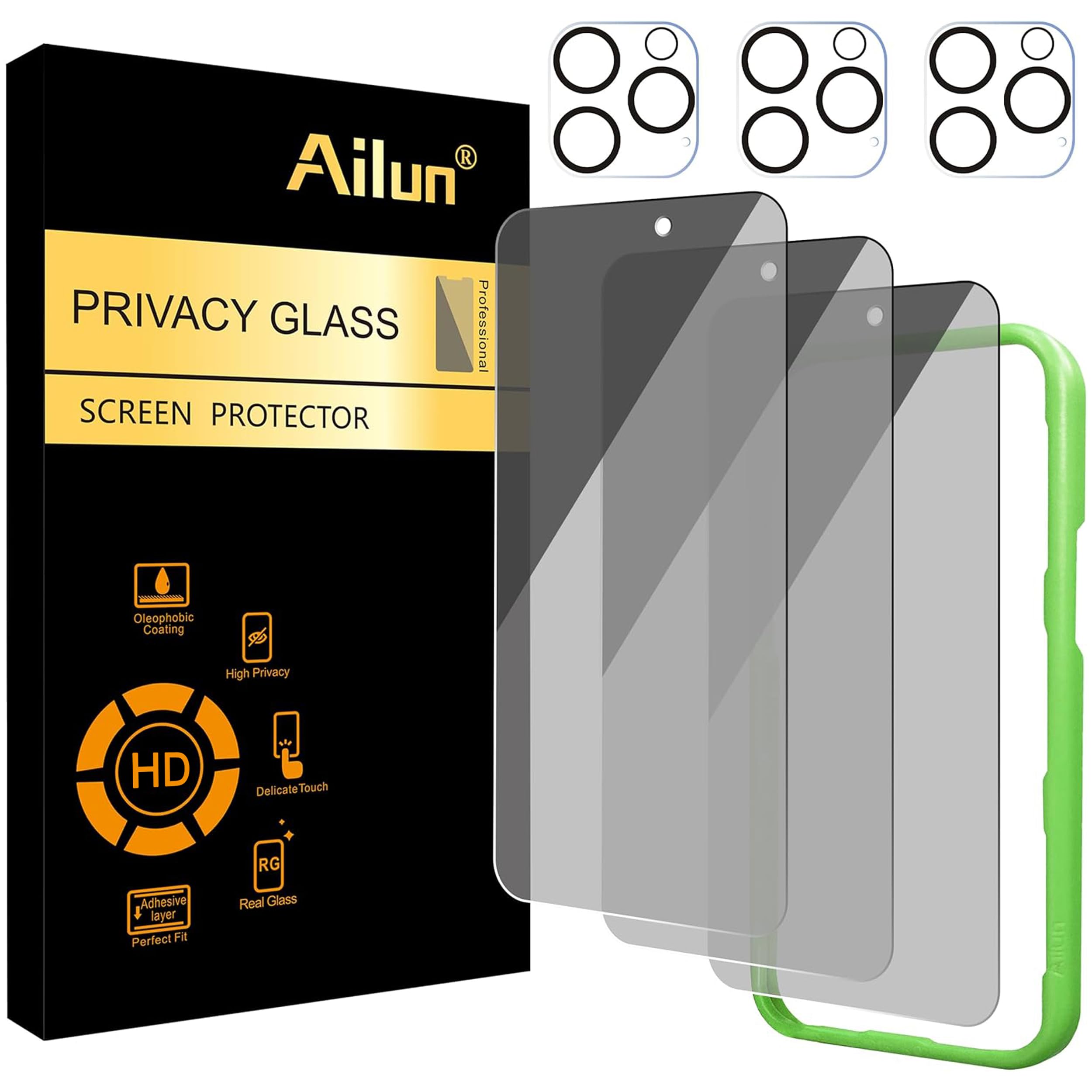 Ailun Privacy Screen Protector + Camera Lens Protector for iPhone 16 Pro | 3+3 Pack, 6.3 Inch, Installation Frame, Dynamic Island Compatible, Anti Spy Tempered Glass, Case Friendly