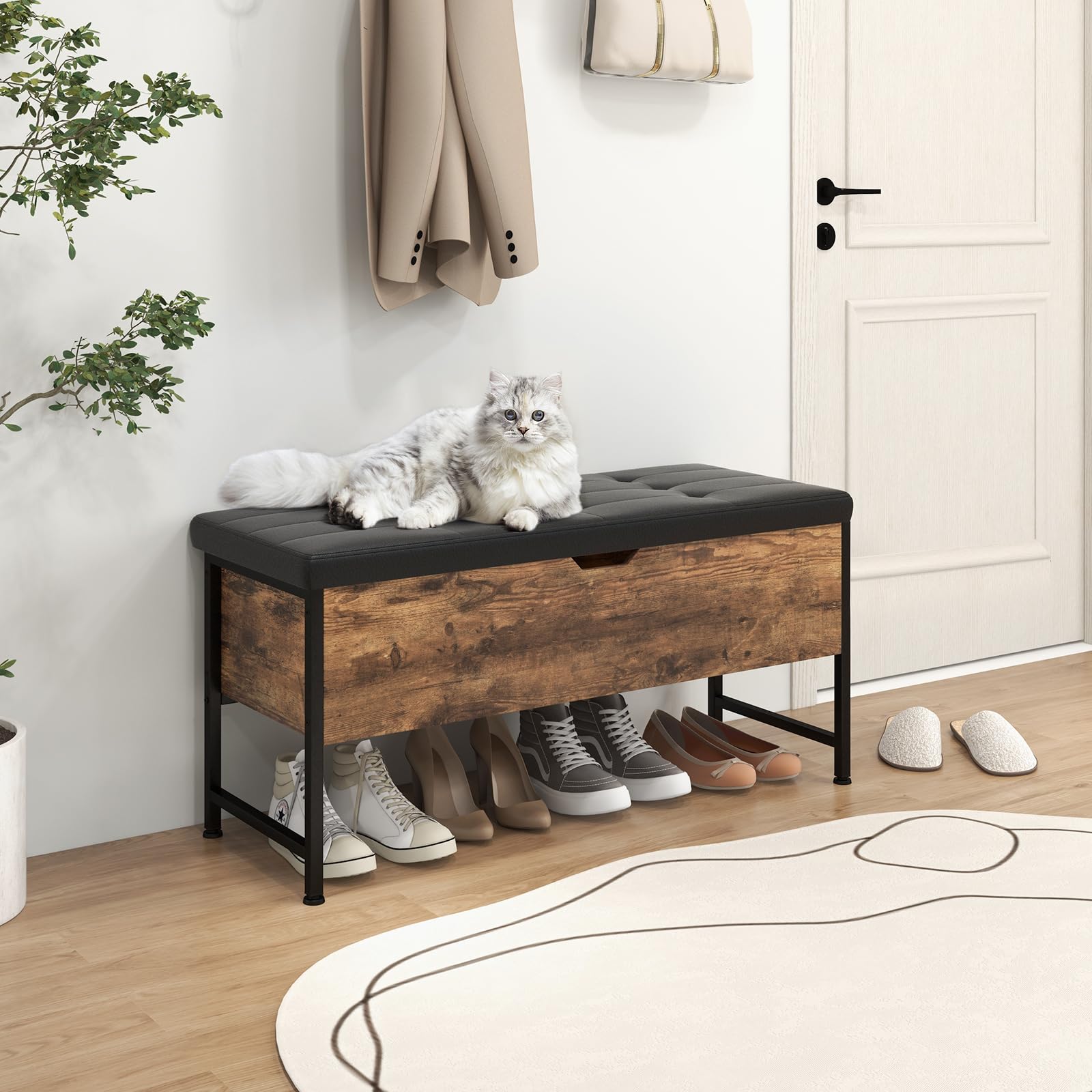 HOMASIS Panca con vano portaoggetti, scarpiera con seduta imbottita, cassapanca con 2 cassetti, apribile con poggiapiedi regolabili, stile vintage, portata 150 kg, 101 x 41 x 58 cm