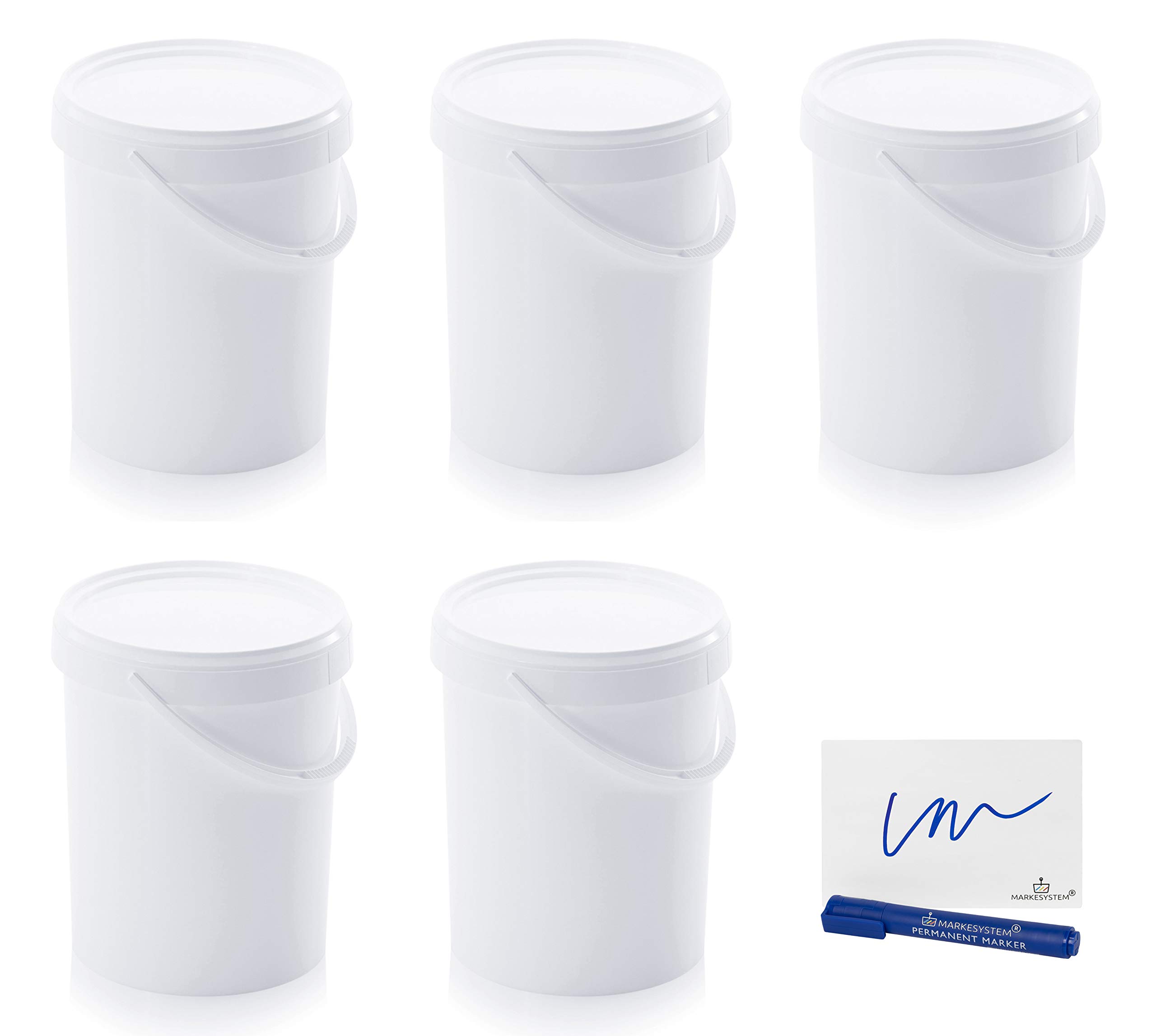 Cubo HERMÉTICO Catering Pack 5 x 15,9 litros - Cubos de Plástico con Tapa - Contenedores Apilables - Envasar Alimentos, Líquidos y Pinturas - Polipropileno Blanco + Kit Etiquetado