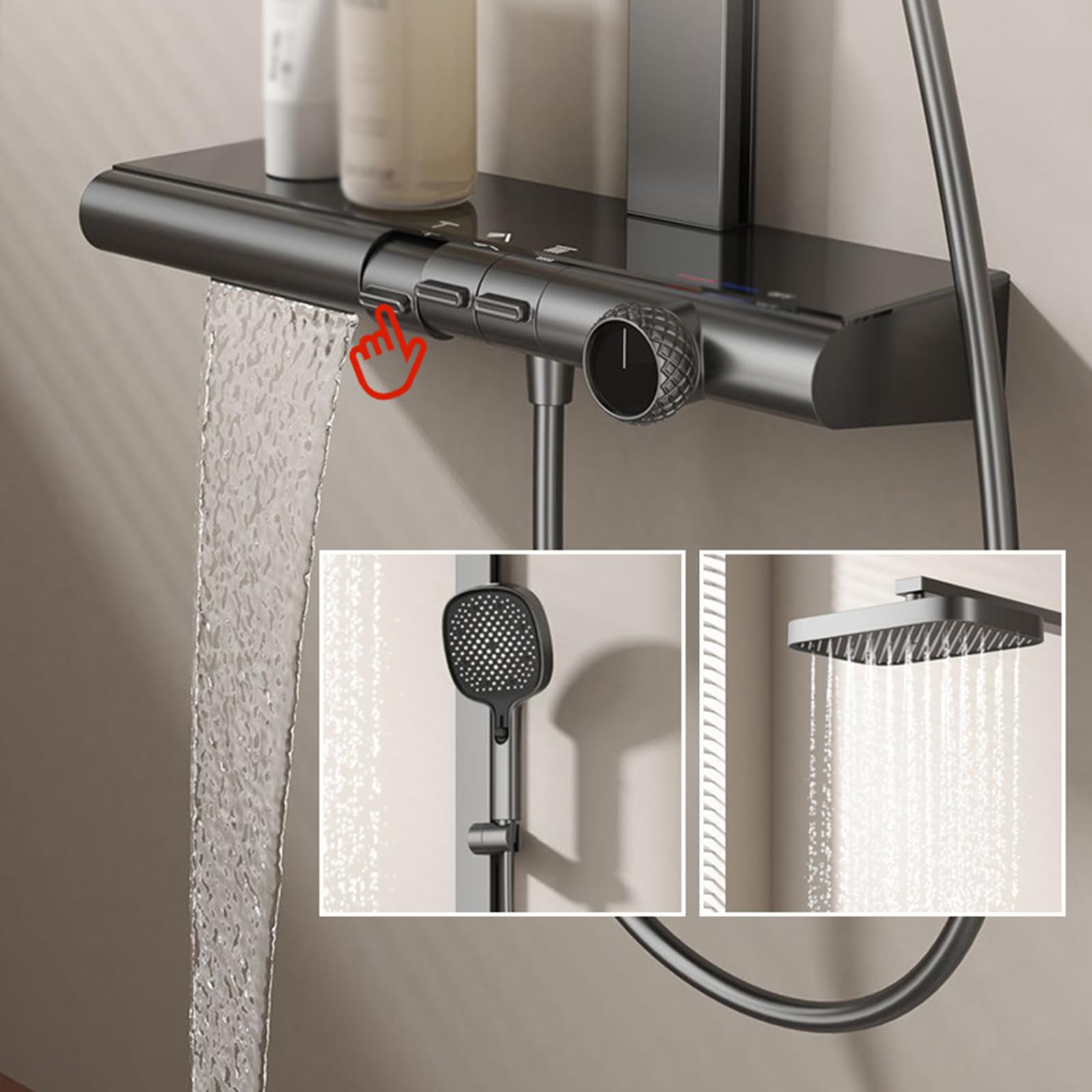 Set di soffione doccia quadrato di alta qualità con tubo flessibile da 3 m regolabile per vasca da bagno calda e fredda in ottone con finitura grigia per un'esperienza di bagno simile a una spa