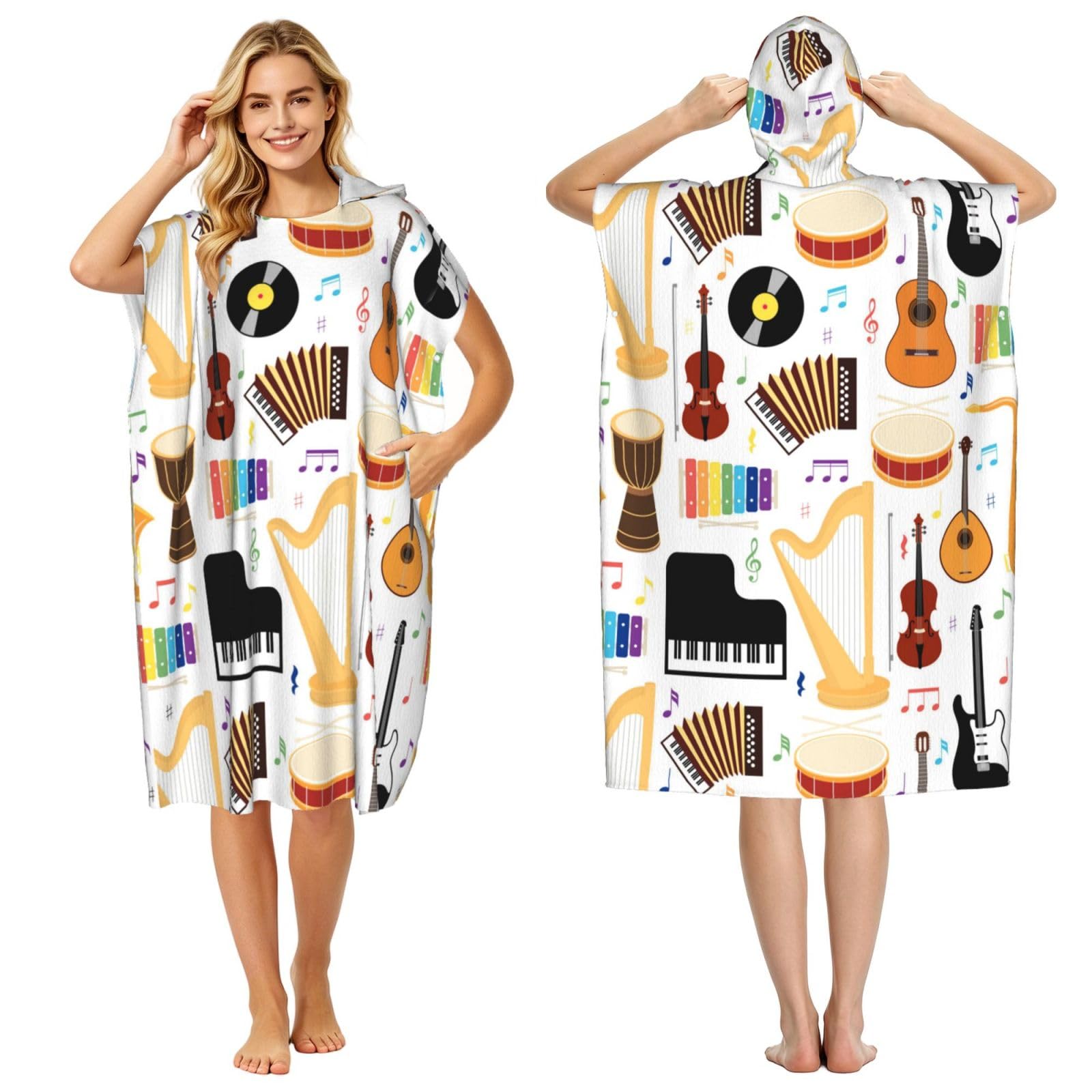 Poadnly Colorful Musical Instruments, Adult Hooded Beach Towel 90 x 110 cm,Changing Bath Robe, Surf Poncho Towel For Women Men