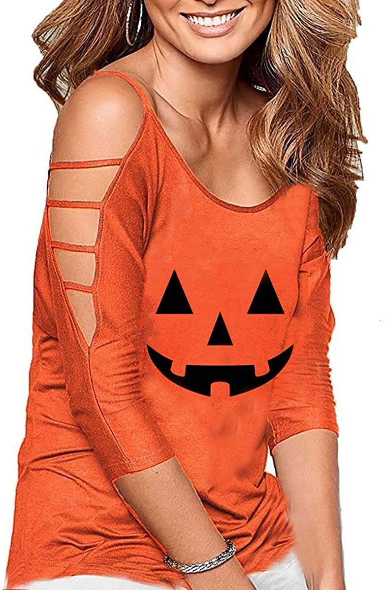 RoshopWomen's Sexy 3 4 Sleeve Cold Shoulder Scary Halloween Pattern Halloween Shirts