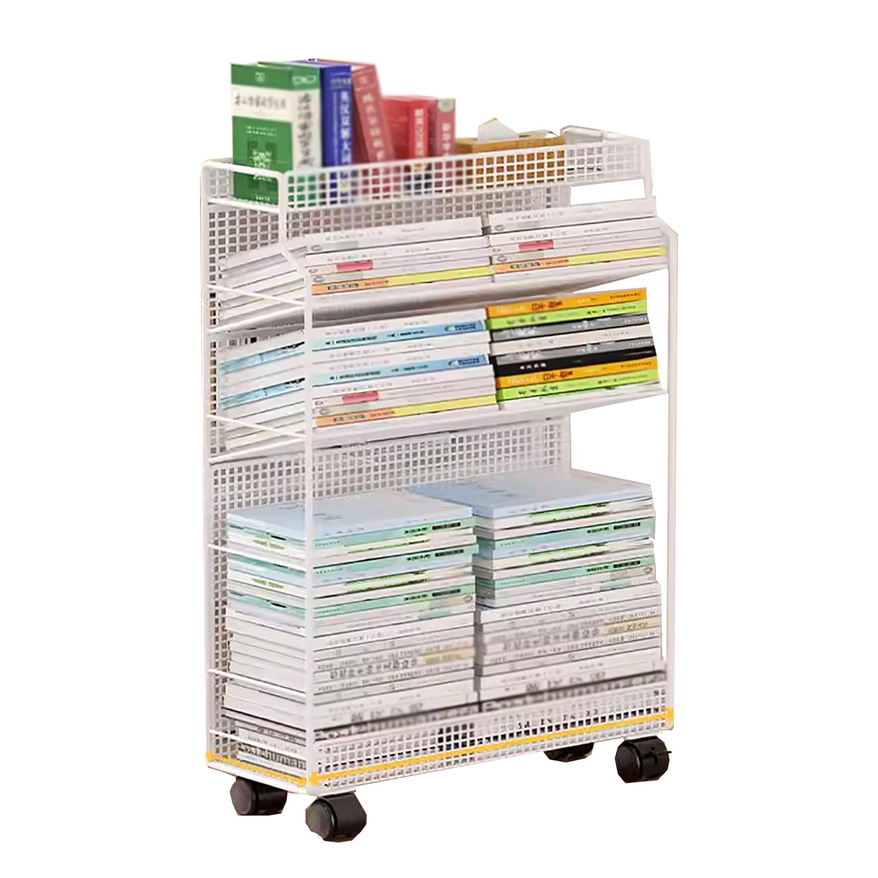Carrello in Metallo con Ripiani Scaffale per Libri a 5 Livelli Scaffale per Libri Portariviste Carrelli per Libri con Ruote per Camera da Letto Soggiorno Casa Scuola, Bianco, 4 Livelli L