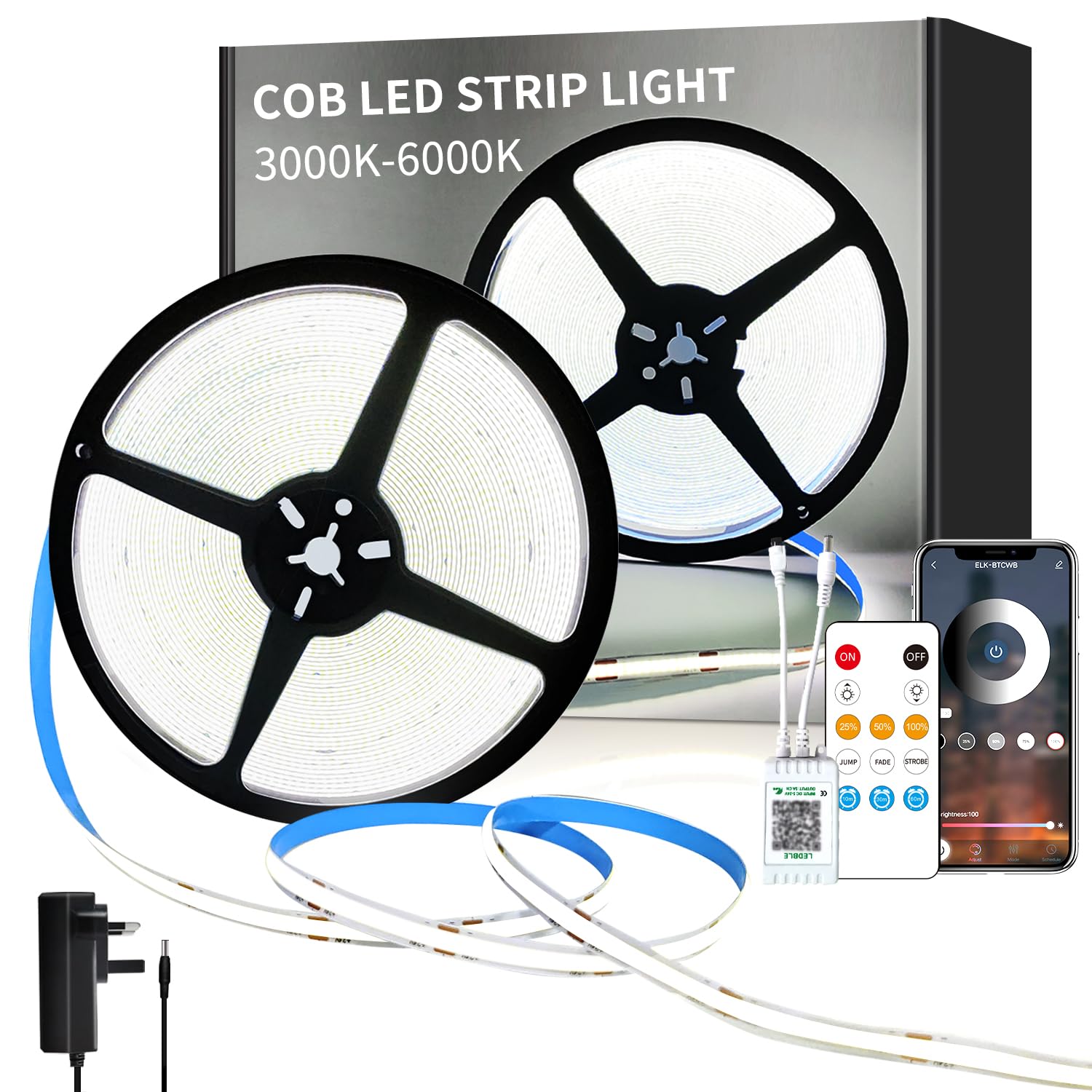 Yeewhale COB LED Strip Lights 6000K DC15M 24V Dimmable LED Strip Kit, with Remote and app Control and UKCA Power Supply LED Tape Lights,for DIY Home Decoration White