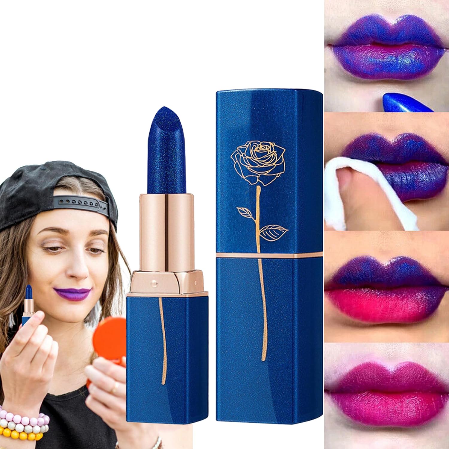FLORISELL Blue Shimmer Magic Color Changing Lipstick, Labial Magico Lips Moisturizer Lazy Lipstick For Women-image-26