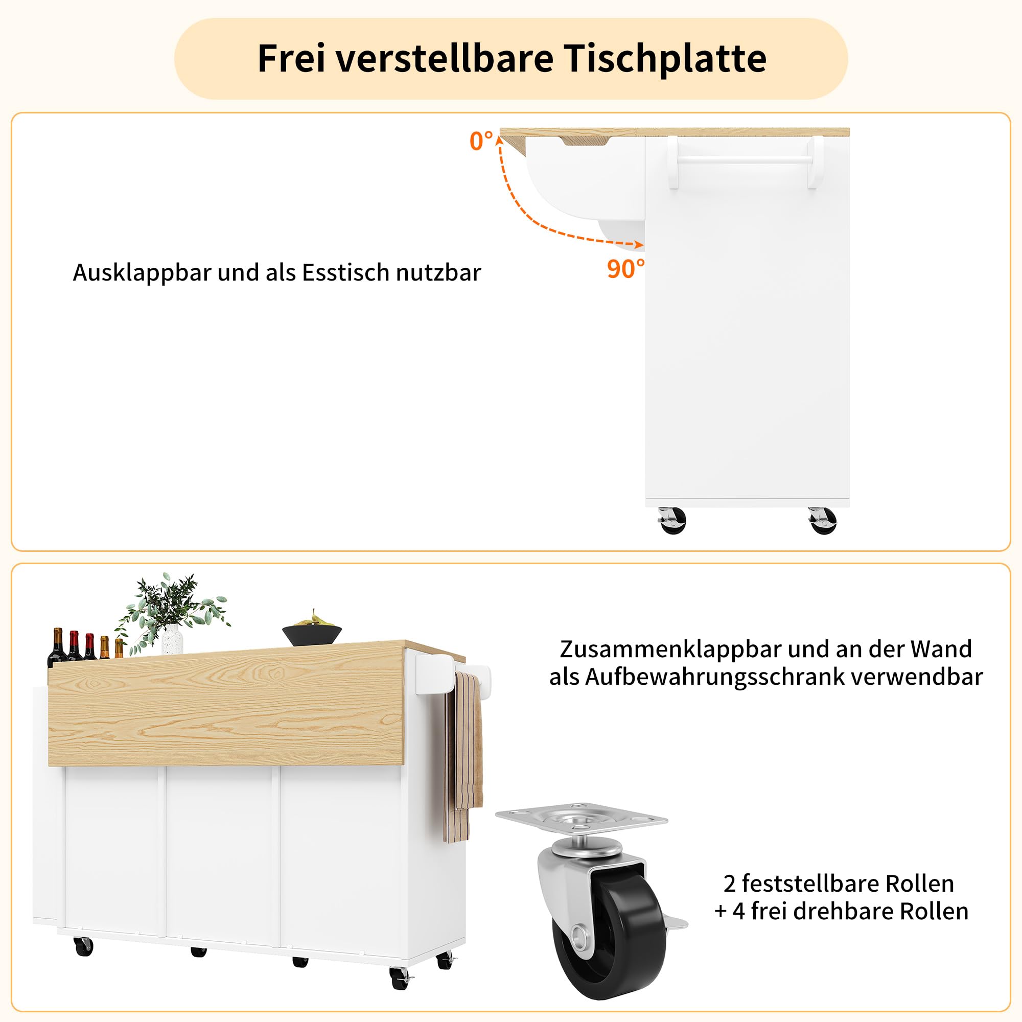 Küchenschrank, Servierwagen mit Holzmaserung, Küchenwagen mit Rollen und Arbeitsplatte, mit Gewürzregal und Handtuchhalter, Kücheninsel mit Schiebetüren und Schubladen, Weiß
