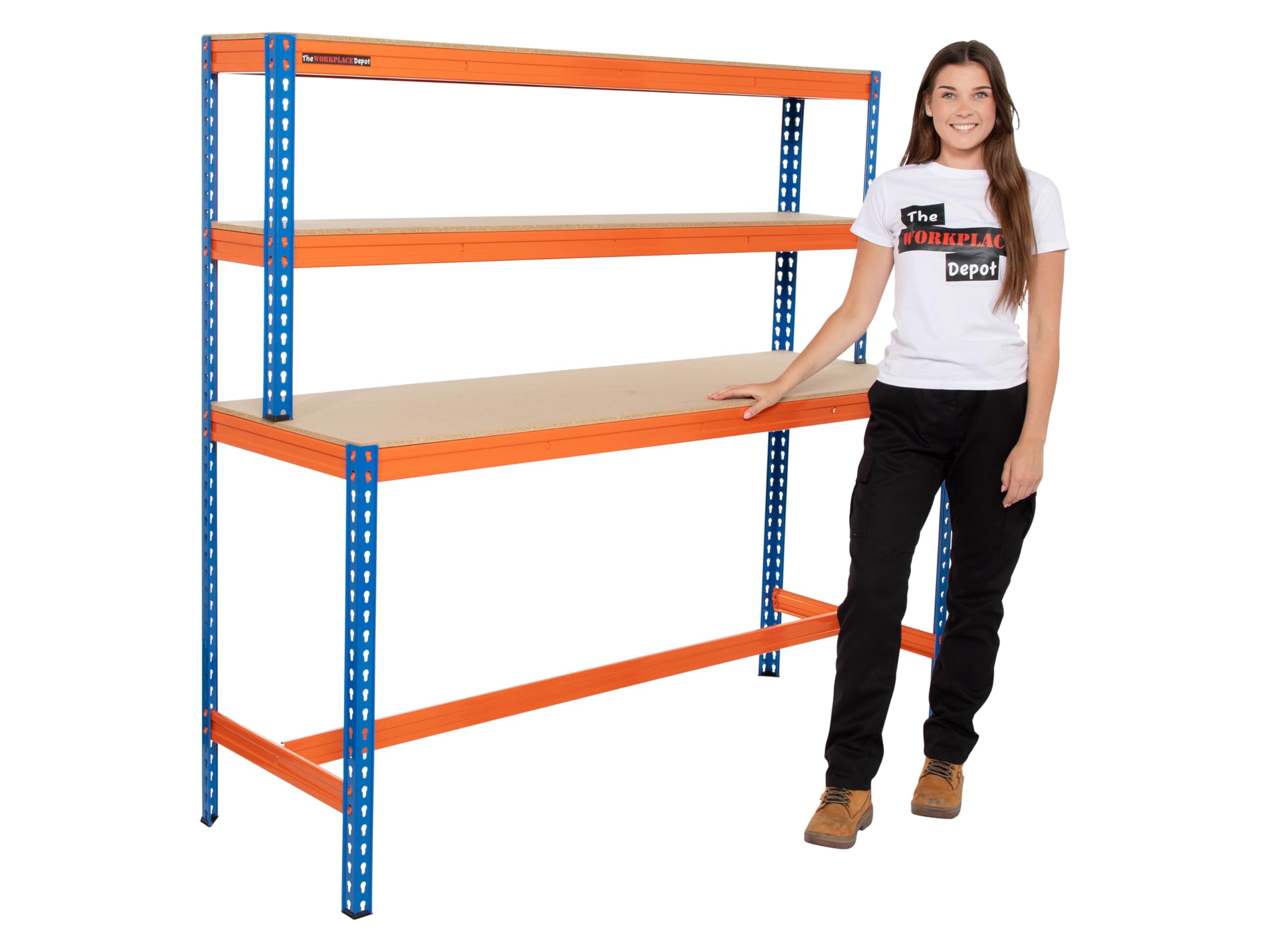 Large Garage Workbench, Heavy Duty 400kg UDL Blue/Orange Workstation with MDF Shelves (Workbench Only)