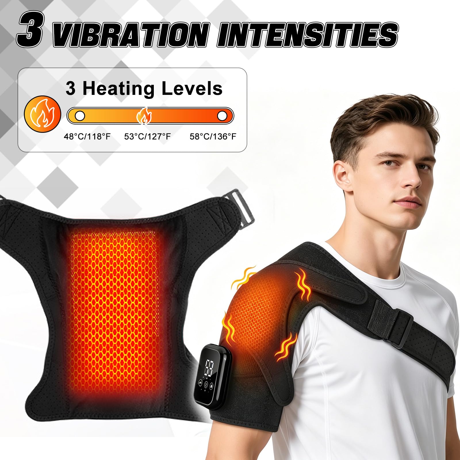Masajeador de hombro de triple método y almohadilla térmica de hombro con masaje, con 3 niveles de calentamiento y 3 modos de vibración, para Aliviar el Dolor de Hombros y Músculos