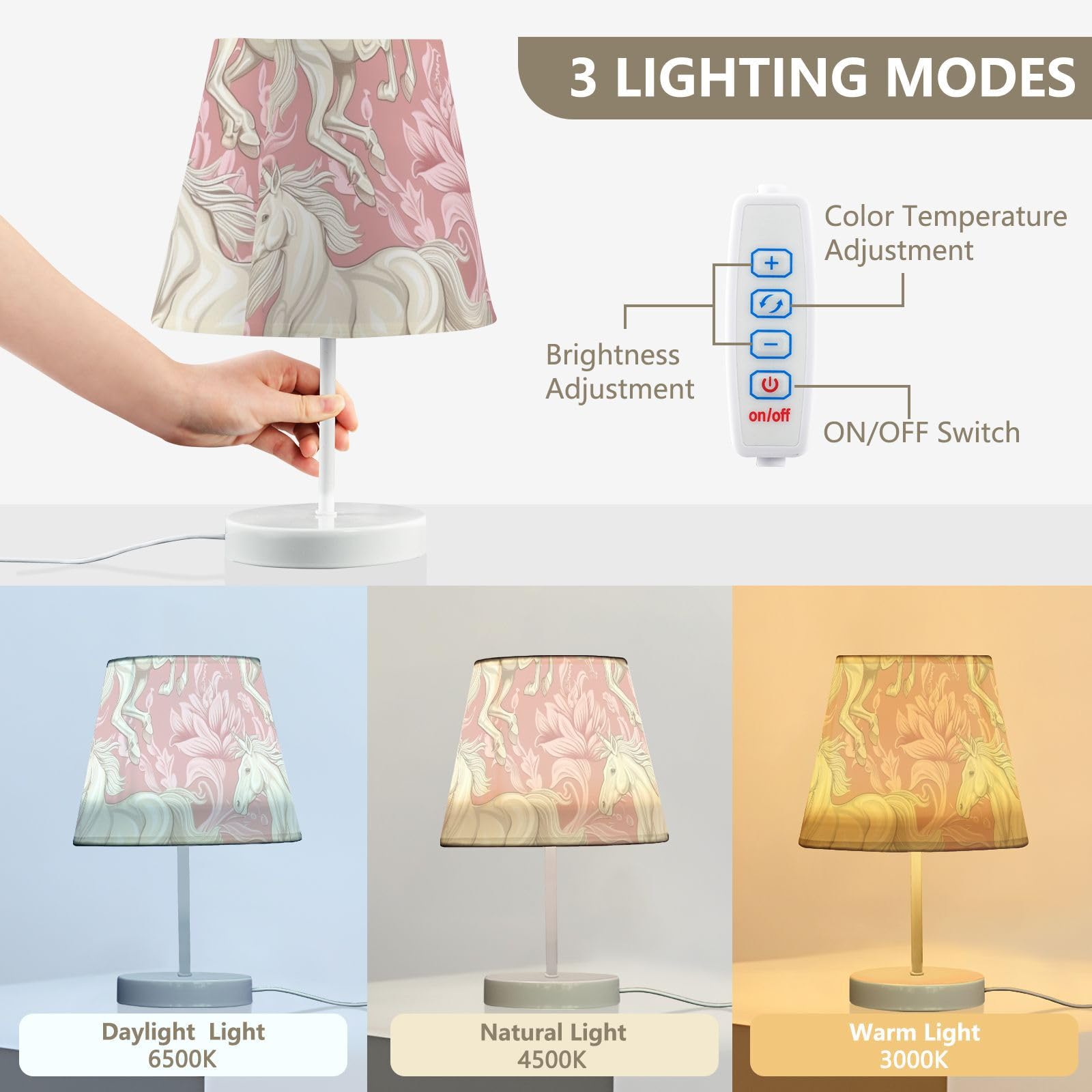 Mnsruu Lampe de chevet blanc cheval rose licorne lampe de table ampoules LED lampe de bureau abat-jour en tissu pour chambre à coucher salon taille M