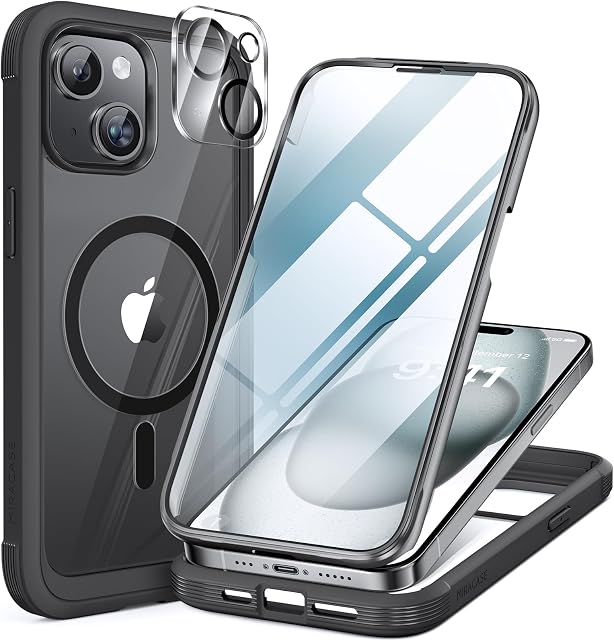 Miracase Magnetic for iPhone 15 Case 6.1'',Full-Body Bumper Phone case,Built-in Full Tempered Glass Screen &Camera Protector,No Gap,Compatible with MagSafe,Drop Proof 15 Cover,Black