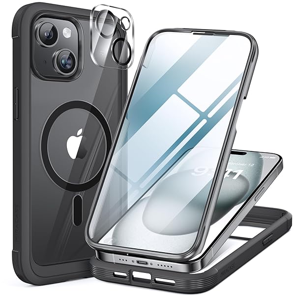 Miracase Glass Series for iPhone 15 Case [Compatible with MagSafe] Full-Body Magnetic Bumper Case with Built-in 9H Tempered Glass Anti-Fingerprint Screen Protector + Camera Lens Protector, Black