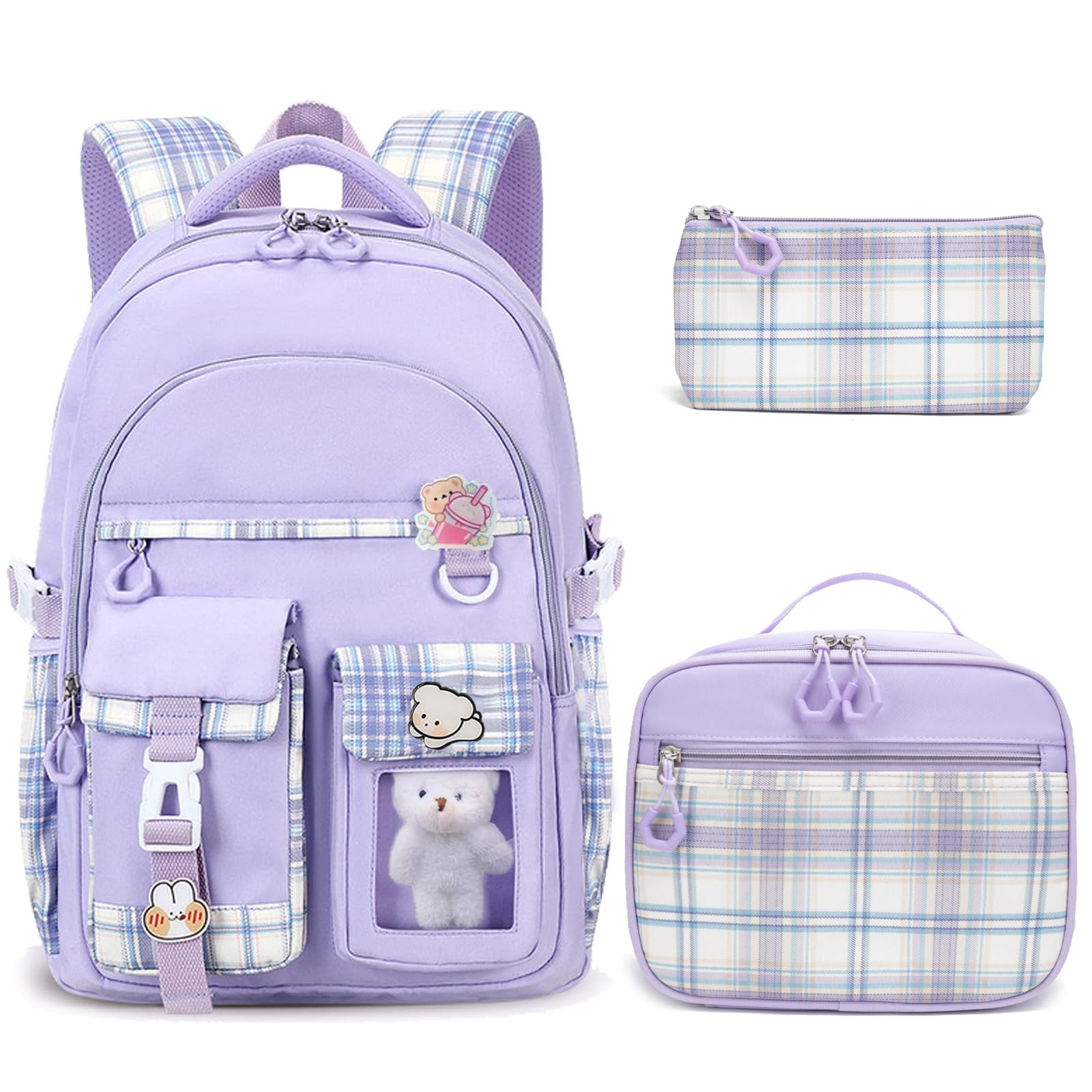 HuiLeo Girls Backpack with Lunch Box Cute School Backpack for Girls Kids Teens Kawaii Bookbag Set for Primary Elementary，Purple