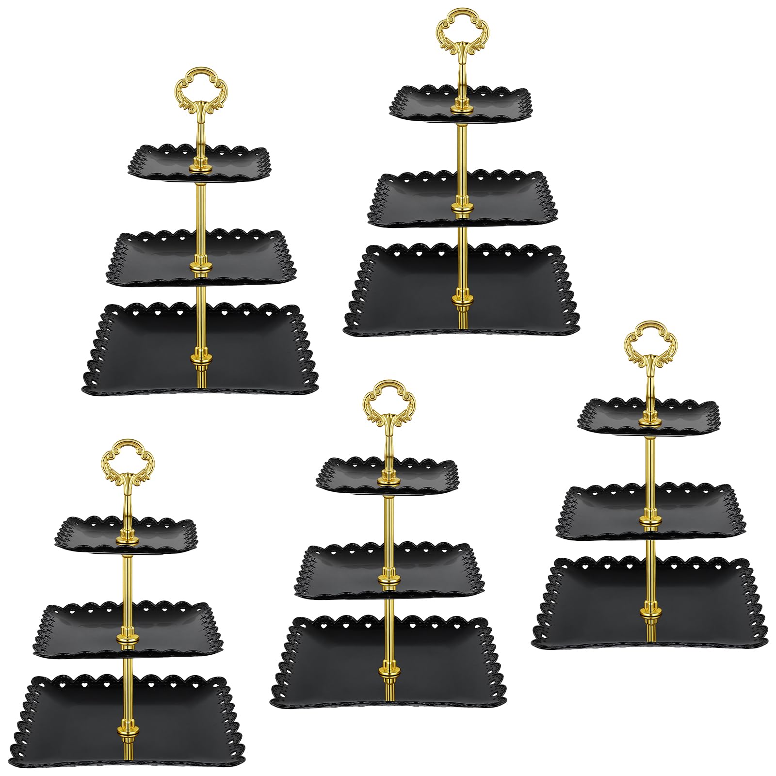 CHEUNGR 3 Tier Plastic Cupcake Stand, 5 Pack Square Afternoon Tea Stands, Reusable Dessert Display Tower for Wedding, Birthday, Afternoon Tea Party, Black Gold