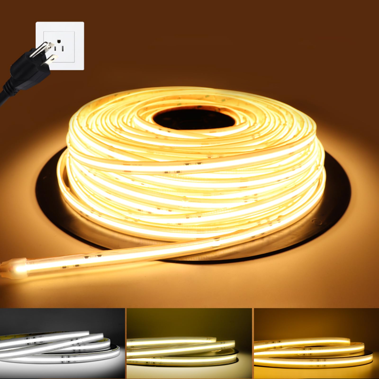 110V COB LED Strip Lights, 65.6ft Natural White IP67 Waterproof Super Bright Dimmable LED Tape Cuttable Flexible Neon Rope Light for Outdoor Home Office DIY Lighting Projects