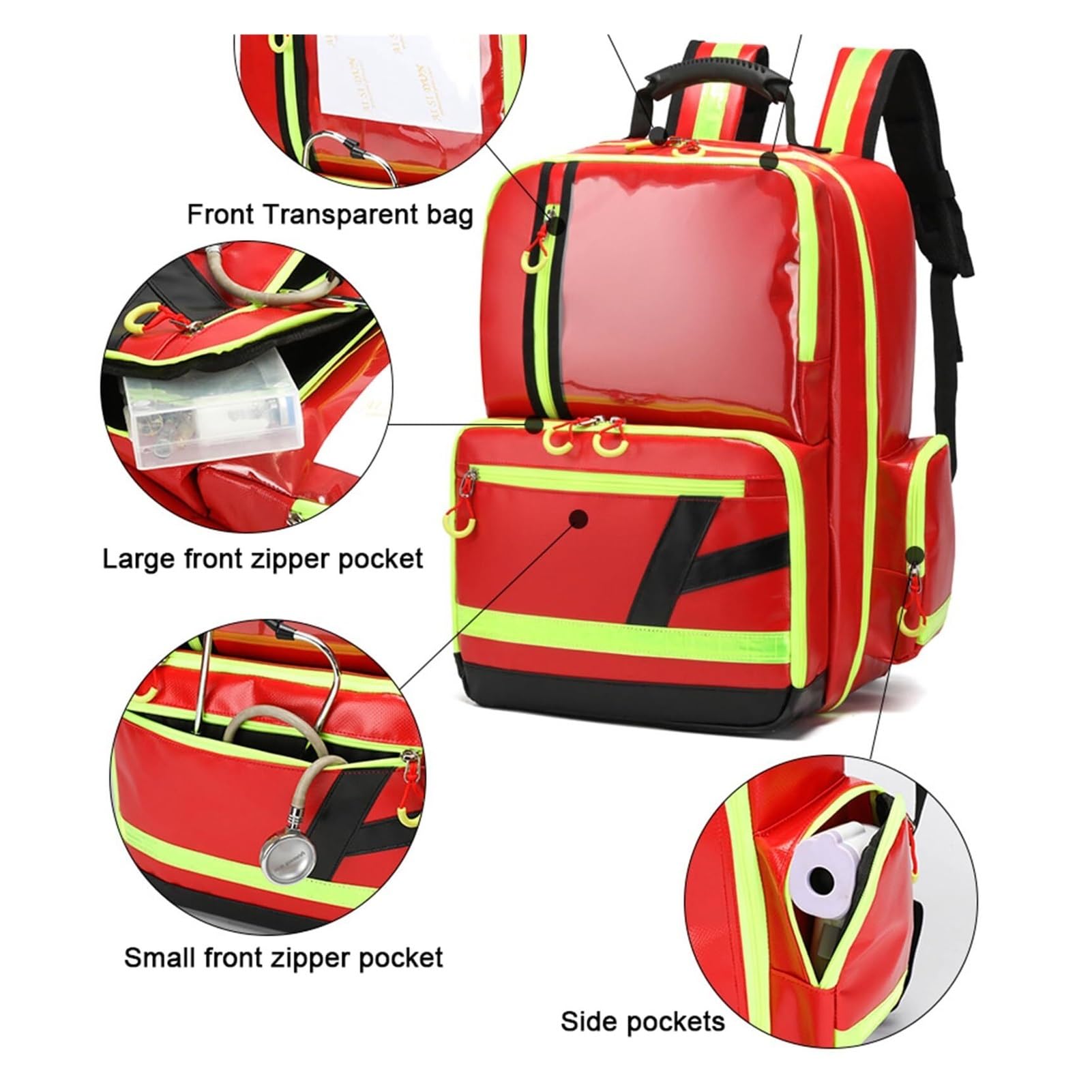 Zaino Pronto Soccorso Grande e Vuoto - Borsa Medica Impermeabile per Casa, Viaggi, Escursionismo e Campeggio - Compartimenti Organizzati con Bande Riflettenti (Rosso)
