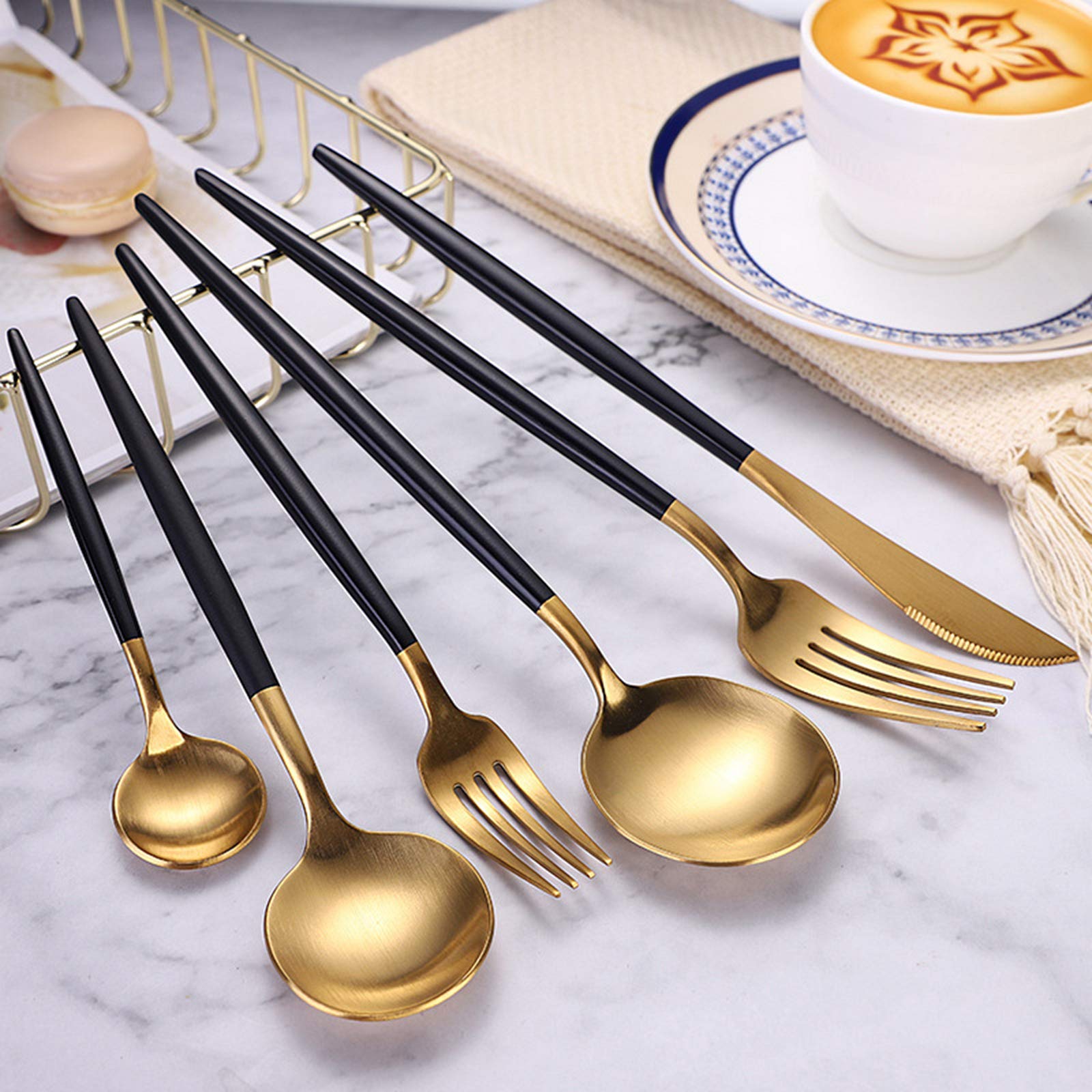 rismart Edelstahl 24 Teile Besteck Set Silberbesteck mit Messer, Kaffee Suppe Teelöffel, Gabeln Gold Schwarz