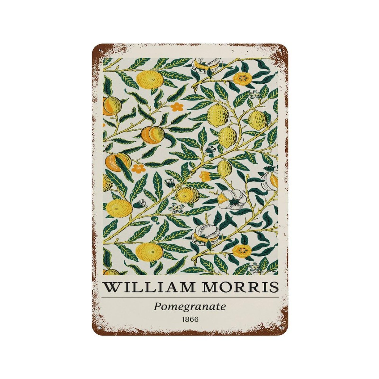 Aged Metal Wall Plaque with William Morris Pomegranate Botanical Design 11.8"x7.9", for Shed, Workshop And Garage Wall Decor, Decorative Metal Wall Art