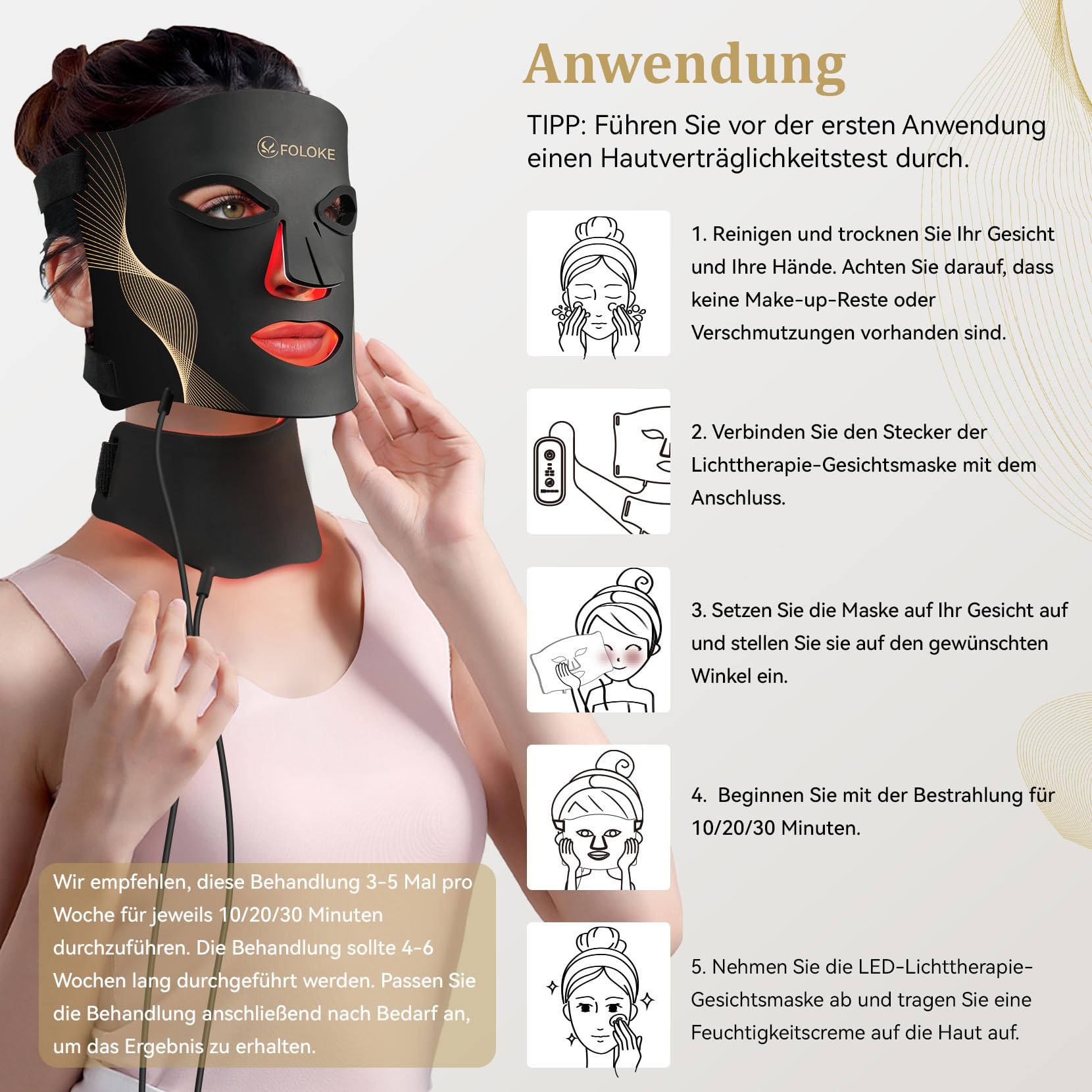 FOLOKE LED Maske Gesicht -LED Lichttherapiemaske für die Gesichtspflege, 7-farbige Lichtwellen, rote Lichtmaske für Gesicht und Hals, rot – 5 Helligkeitsstufen, rote Lichtmaske für zu Hause
