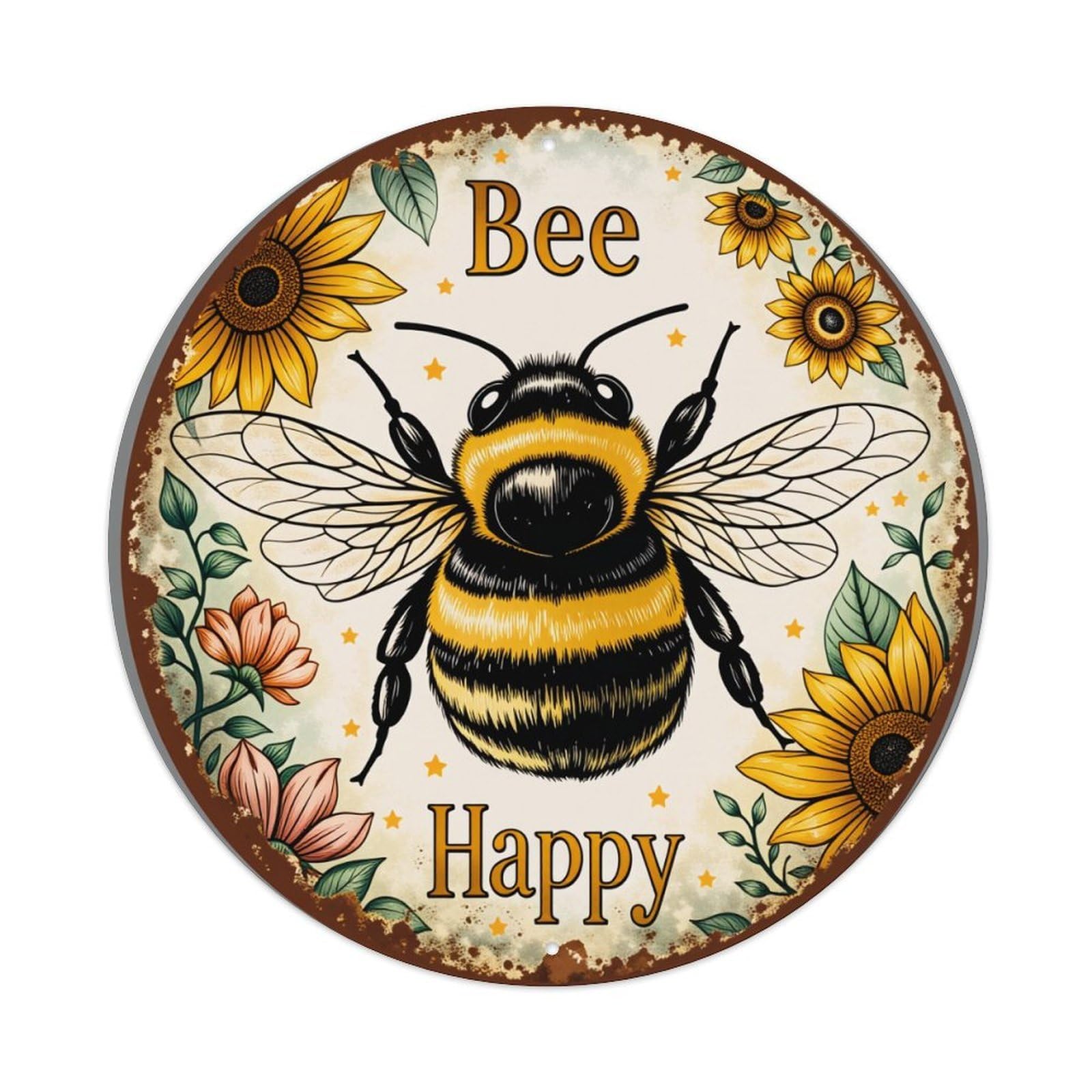 Bee Happy Sunflower Floral Pattern Round Tin Sign Vintage Style Metal Sign Home Bar Garden Wall Plaque Decor Metal Poster 8x8 Inch