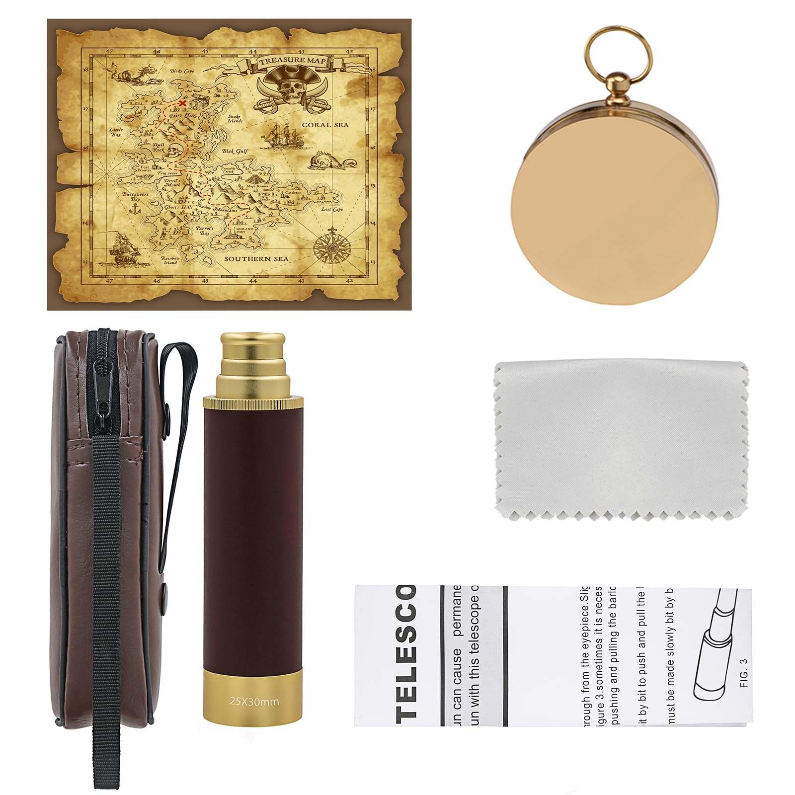 Télescope Pirate Rétro Monoculaire Zoomable avec Carte au Trésor 25x30 Vintage Longue Vue Enfant Lentille BAK-4 Imperméable Mini Télescope avec Boussole pour Camping Observation des Oiseaux