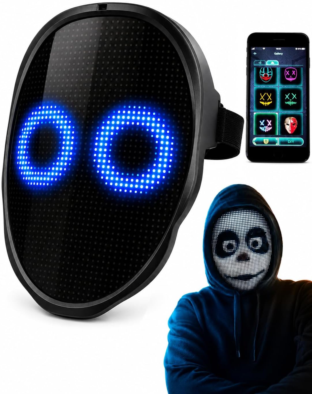 LED Light Up Mask, App Gesture Control Halloween Costume Party Rechargeable