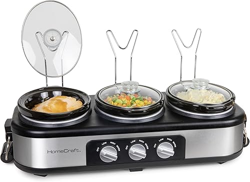 HomeCraft HCTSC15SS - Buffet ovalado de acero inoxidable de 3 estaciones de 1.5 cuartos de galón, con tapa y soporte de cuchara, control de calor