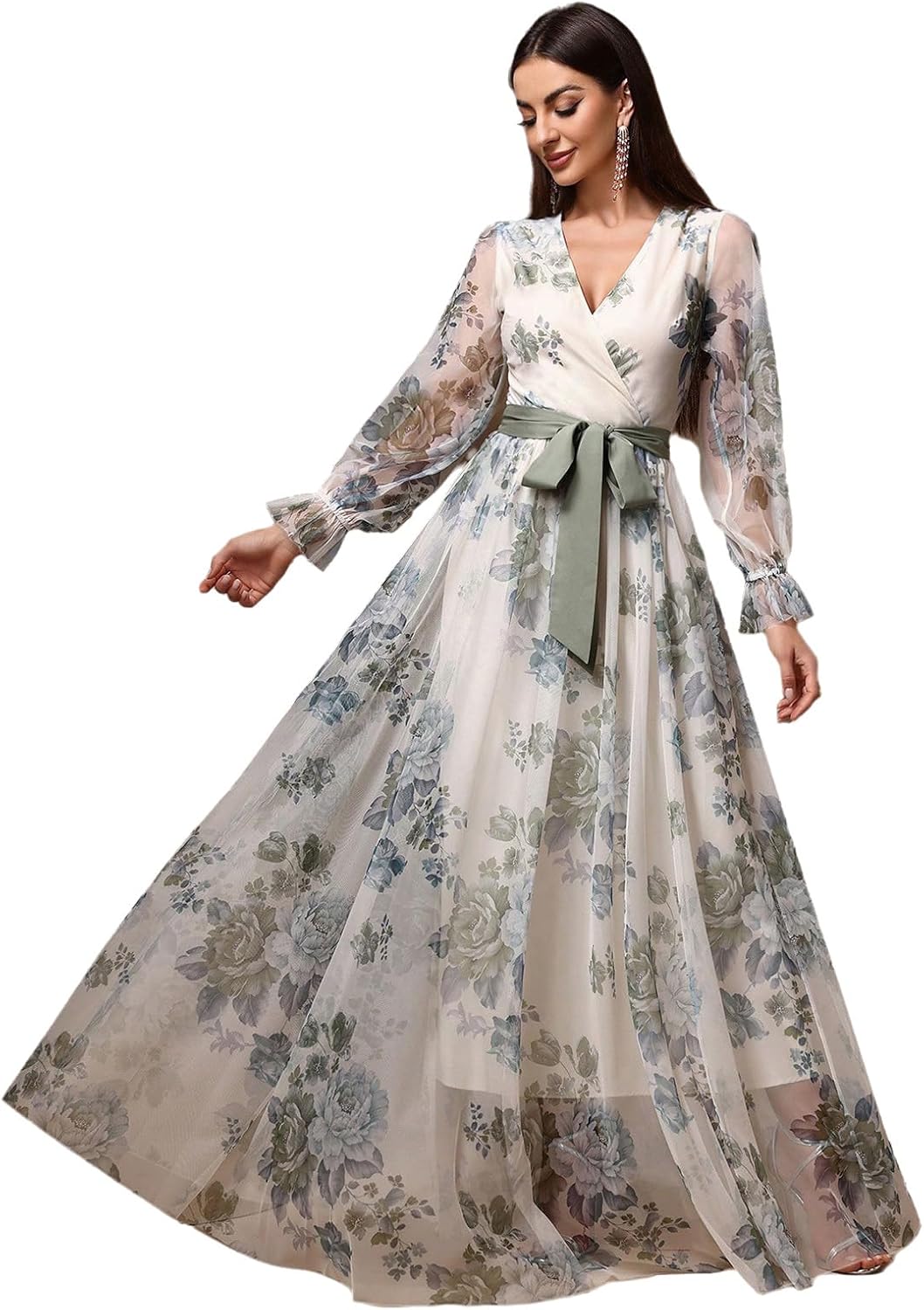 TOLEEN Summer Casual Dresses for Women 2026 Spring Fashion Boho V Neck Long Sleeve Ruffle Floral Print Elegant Maxi Dress