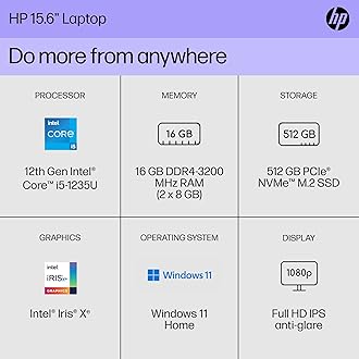 HP 15 inch Laptop, FHD Display, 12th Generation Intel Core i5-1235U, 16 GB RAM, 512 GB SSD, Intel Iris Xe Graphics, Windows 11 Home, 15-dy5399nr (2023)