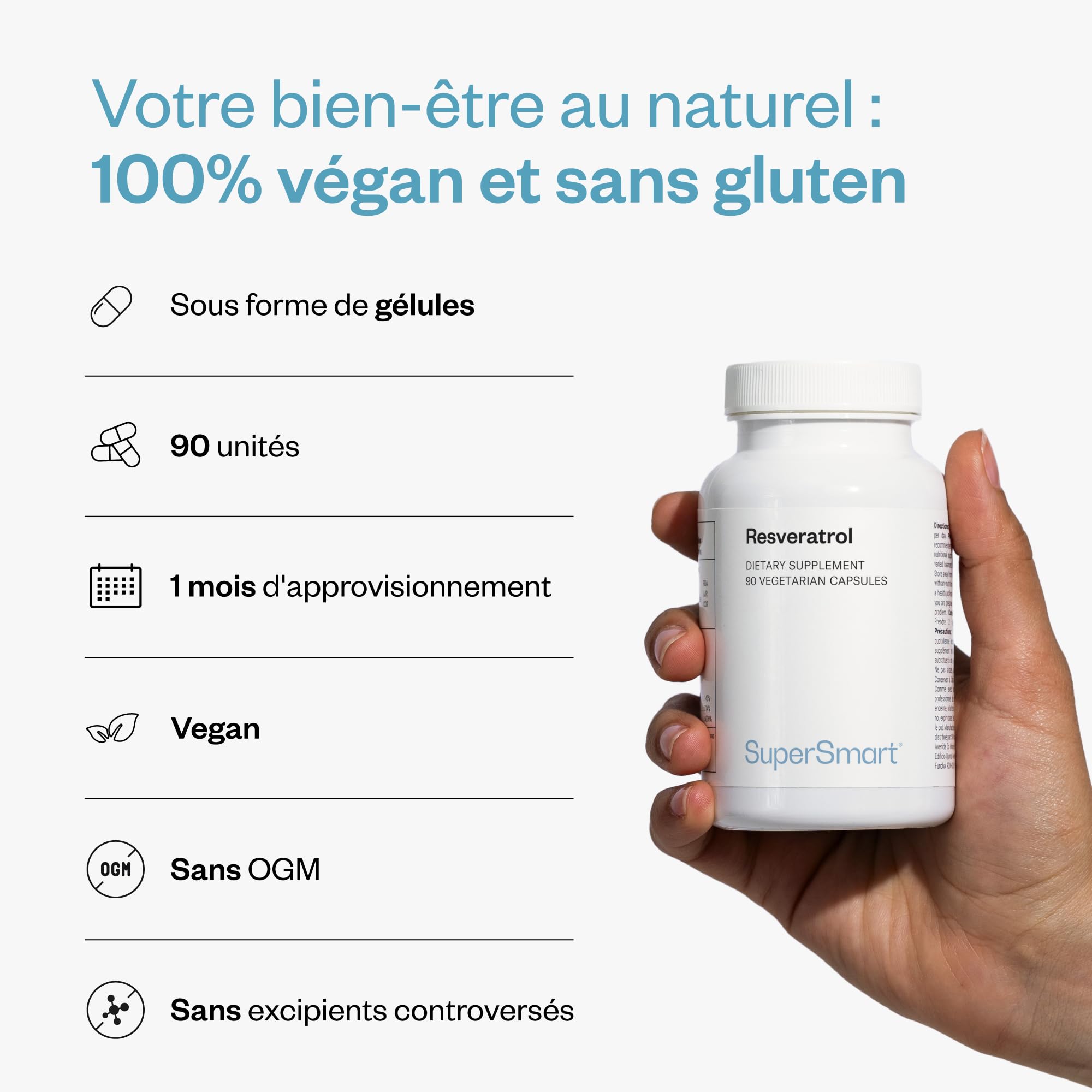 Resvératrol - Complément Antioxydant Naturel - Pour la Santé du Cœur, Diminuer le Cholestérol et le Bien-être Cellulaire - 60 gélules végétariennes - Vegan - SuperSmart