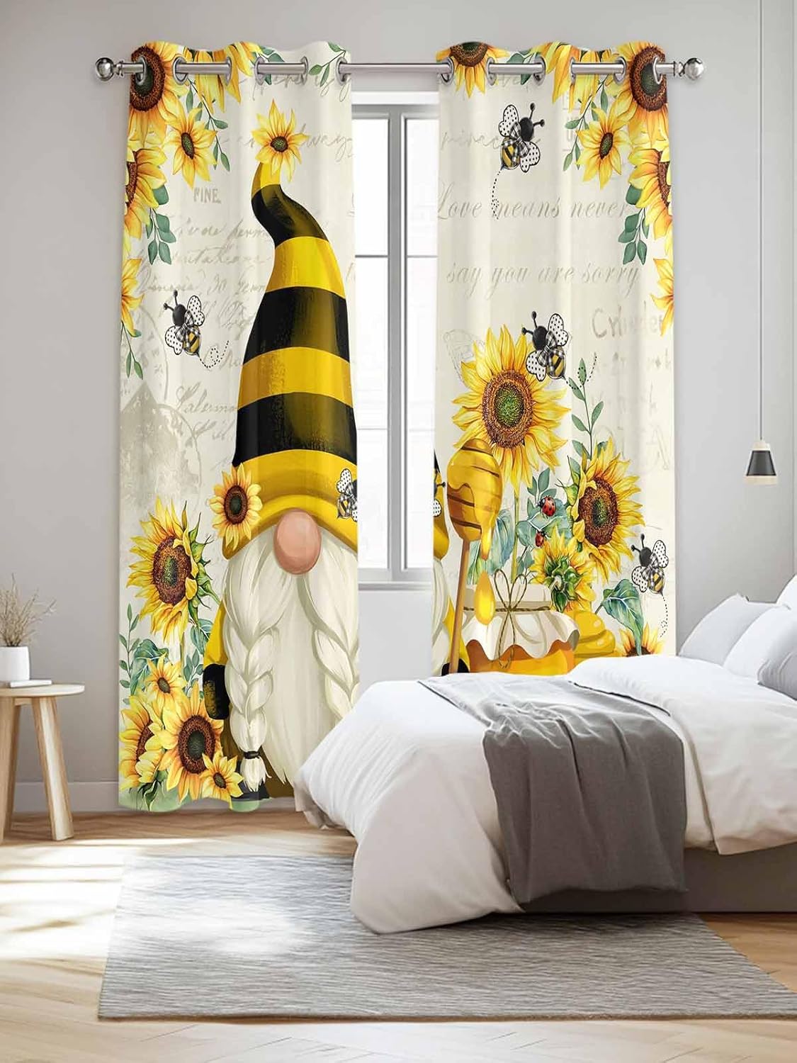 Sunflower Window Curtains Panels with Silver Grommet,Gnomes Flower Bee Eucalyptus Leaves Farmhouse Kitchen Cafe Curtain Draperies Window Treatment Set for Living Room/Bedroom/Bathroom/Cafe,84x84