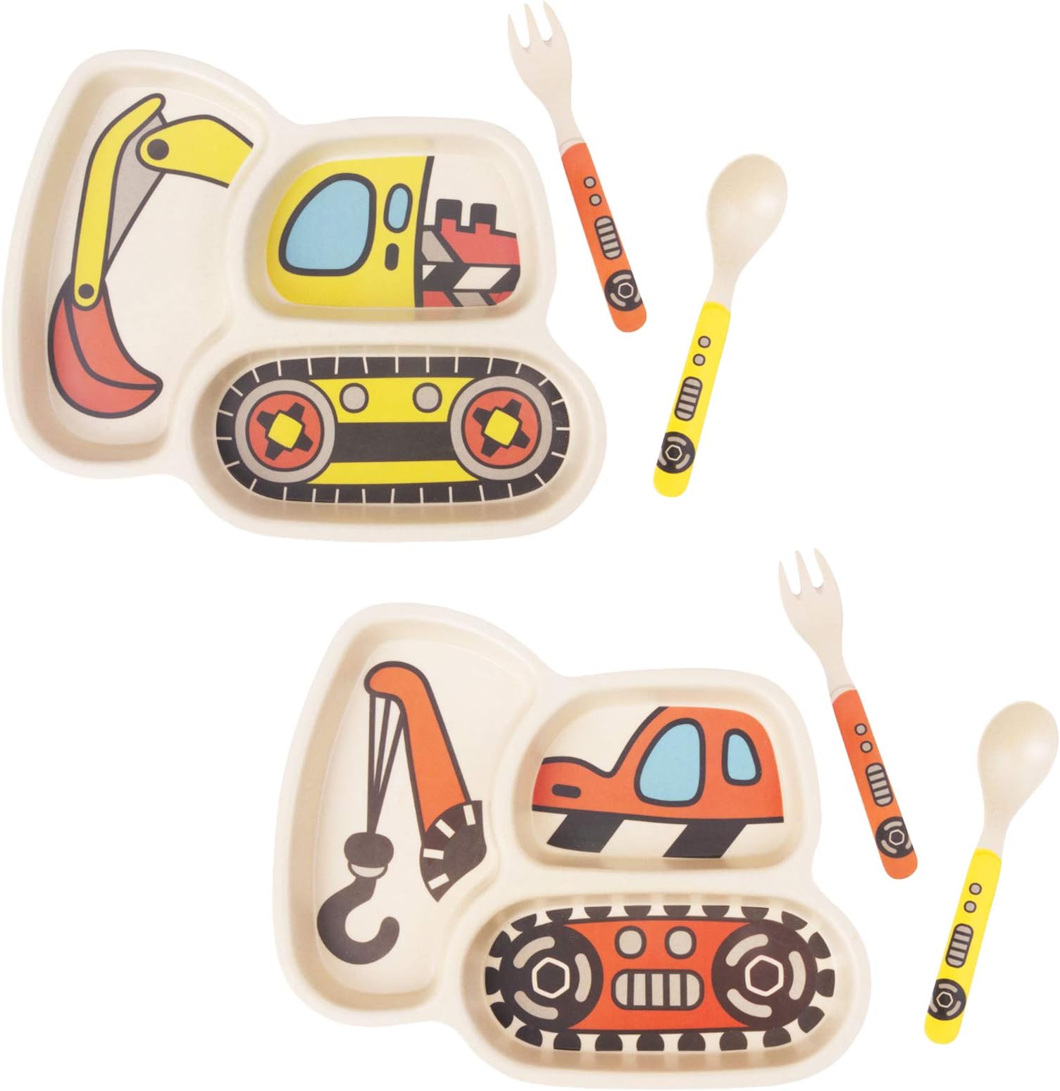 Kid Plate Set Bamboo Toddler Plates Dinnerware Dinner Dish Set Baby Feeding Spill Proof Divided Plate - Baby Spoon and fork 3-Piece Set Teaches Child Portion Control Eco-Friendly (excavator/crane)