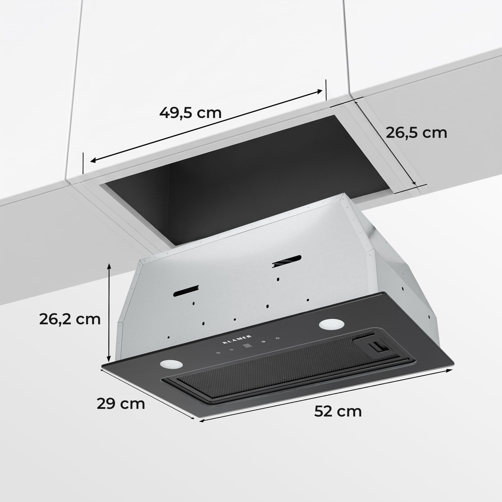 Klamer Einbau Dunstabzugshaube Schwarz 530 m³/h Umluft Abluft A+ 3 Stufen Timer 2 LED Aktivkohlefilter