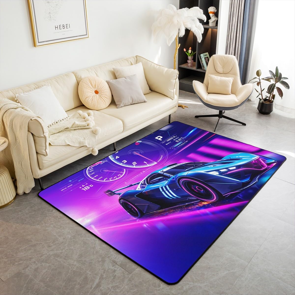 jejeloiu Speed Sports Car Area Rug 3x5 Cool Race Car Accent Rug Home Decor Extreme Sports Purple Red Decorative Rugs Indoor Floor Mat