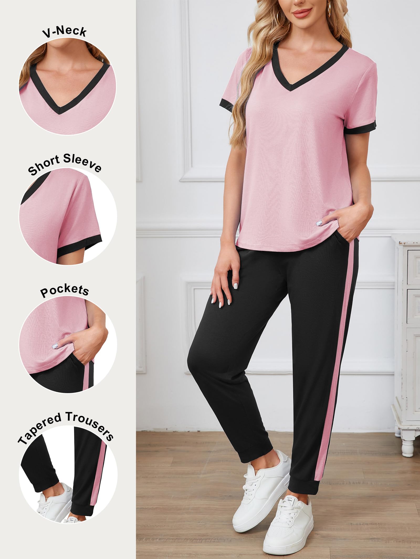 Famulily Survêtement d'été 2 pièces à col en V pour femme avec haut à manches courtes et pantalon de jogging à rayures, tailles S à XXL