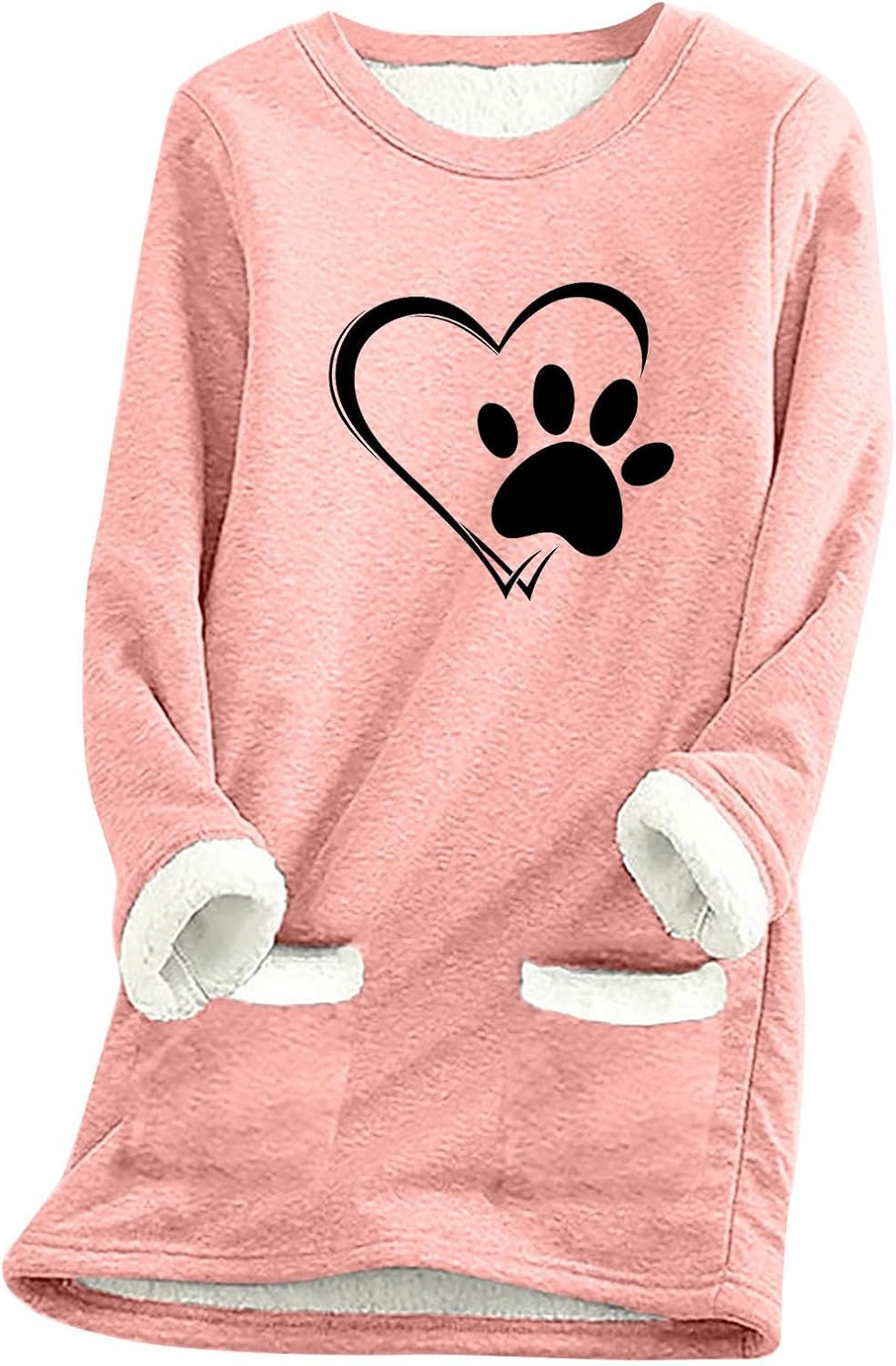 Cute Heart Dog Paw Print Crewneck Sweathirts for Women Winter Warm Fleece Lined Pullover Loose Sherpa Tunic Tops