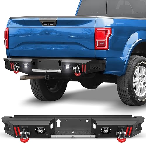 POFENZE Parachoques trasero para camioneta Ford F-150 (excluyendo Raptor) Pickup 2015-2017 negro texturizado con anillo en D + luces LED + placa