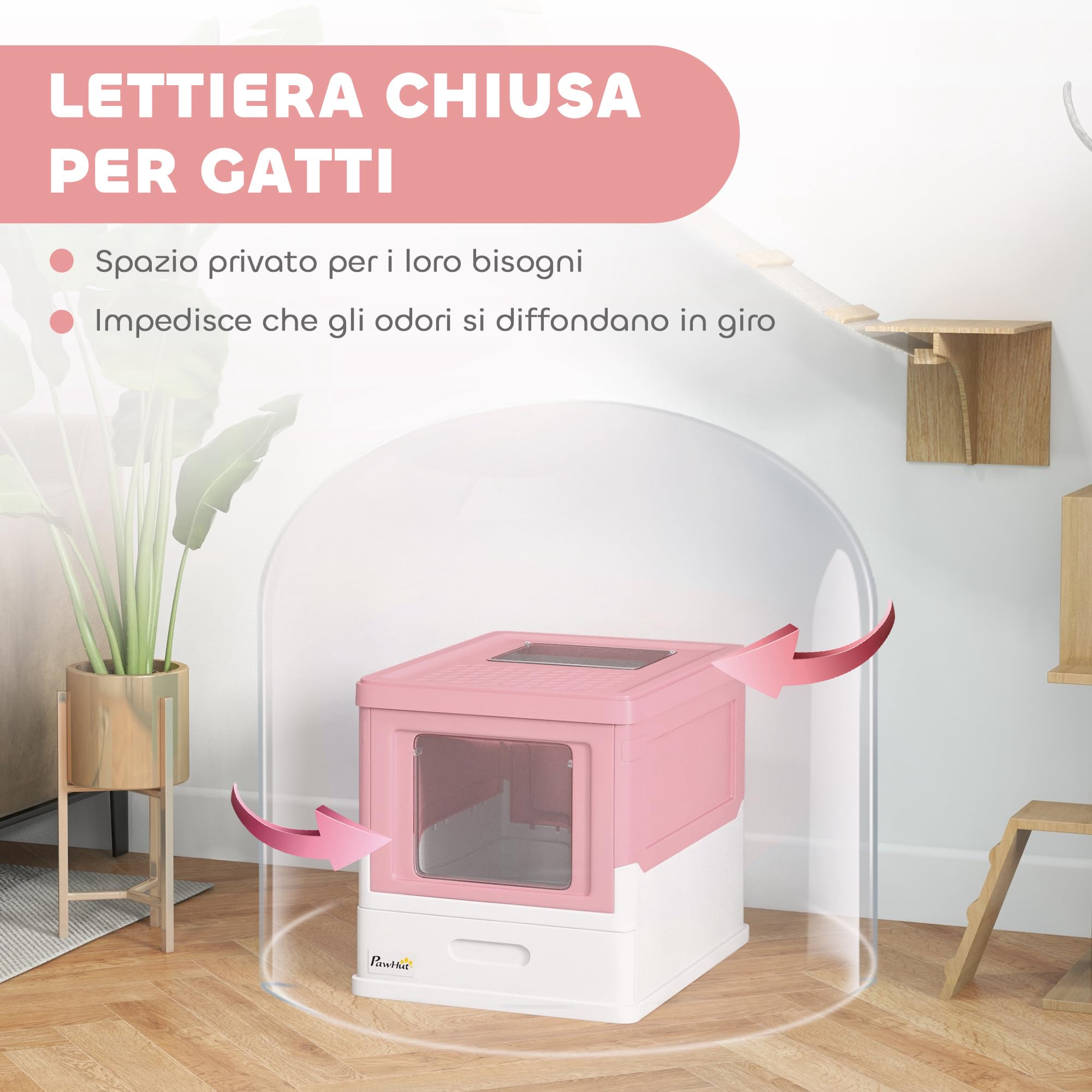 PawHut Lettiera per Gatti Chiusa in PP con Paletta Inclusa, Design Pieghevole, Cassetta Igienica per Gatto con Vassoio Estraibile e 2 Porte, 47.5x35.5x36.7 cm, Rosa e Bianco