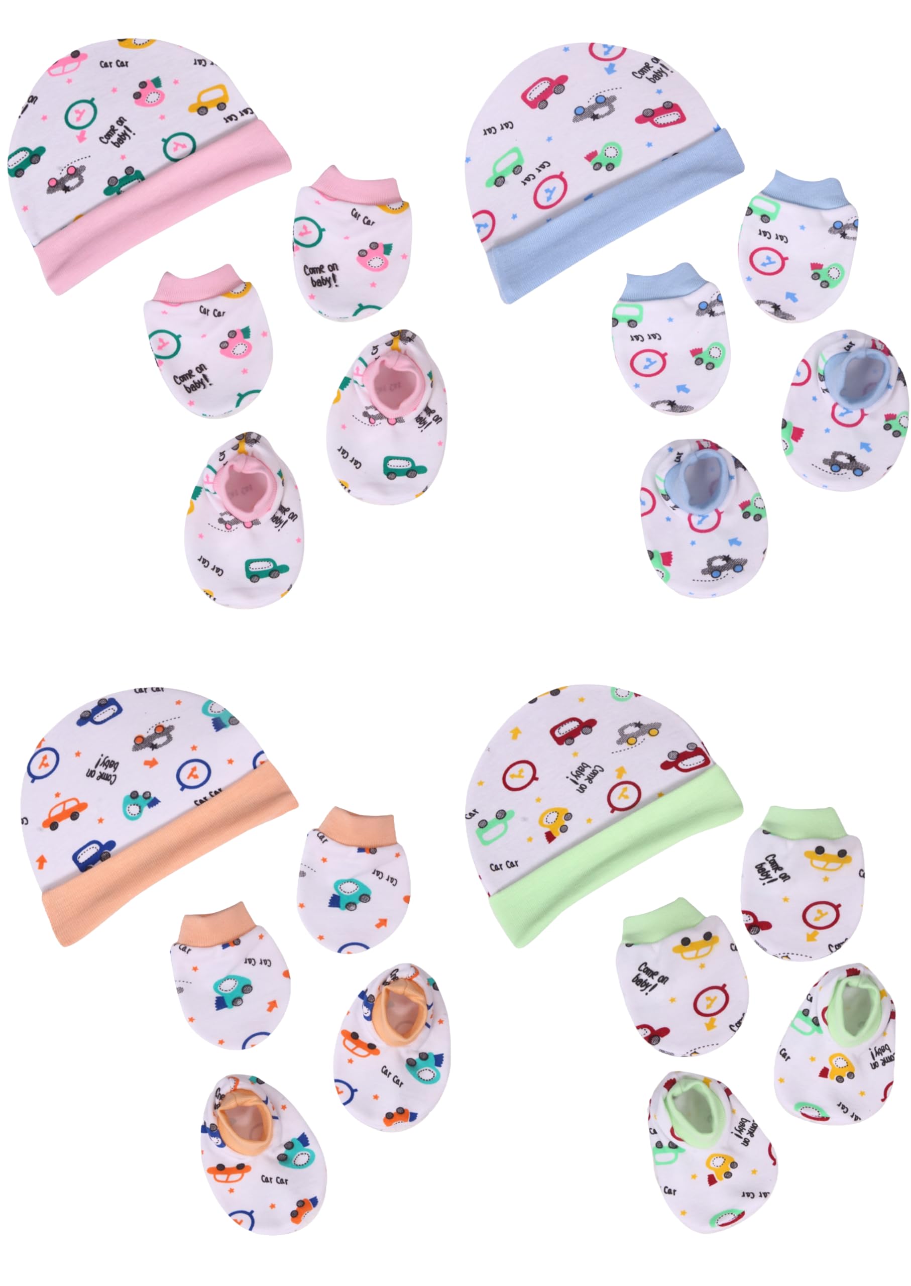 Pack of 4 Pairs, Cap Mittens and Booties Set for New Born Baby 0-6 Months | Baby Gloves and Socks Set | | Multicolor