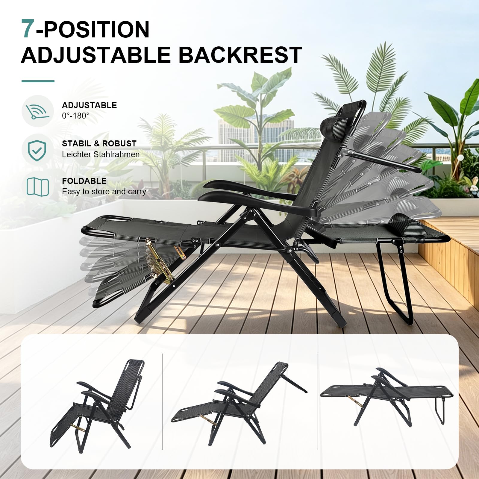 Chaise Longue Jardin Exterieur, Dossier RéGlable 7 Positions, Chaise Longue Pliante avec Coussin et Appuie-TêTe, Capacité 150kg, Transat Pliable pour Jardin, Balcon (Noir) (Noir foncé)