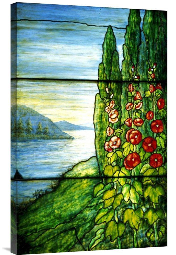 Budget GCS-265617-30-142 Tiffany Studios Red Blossoming Hollyhocks and Arbor Vitae Gallery Wrap Giclee on Canvas Print Wall Art