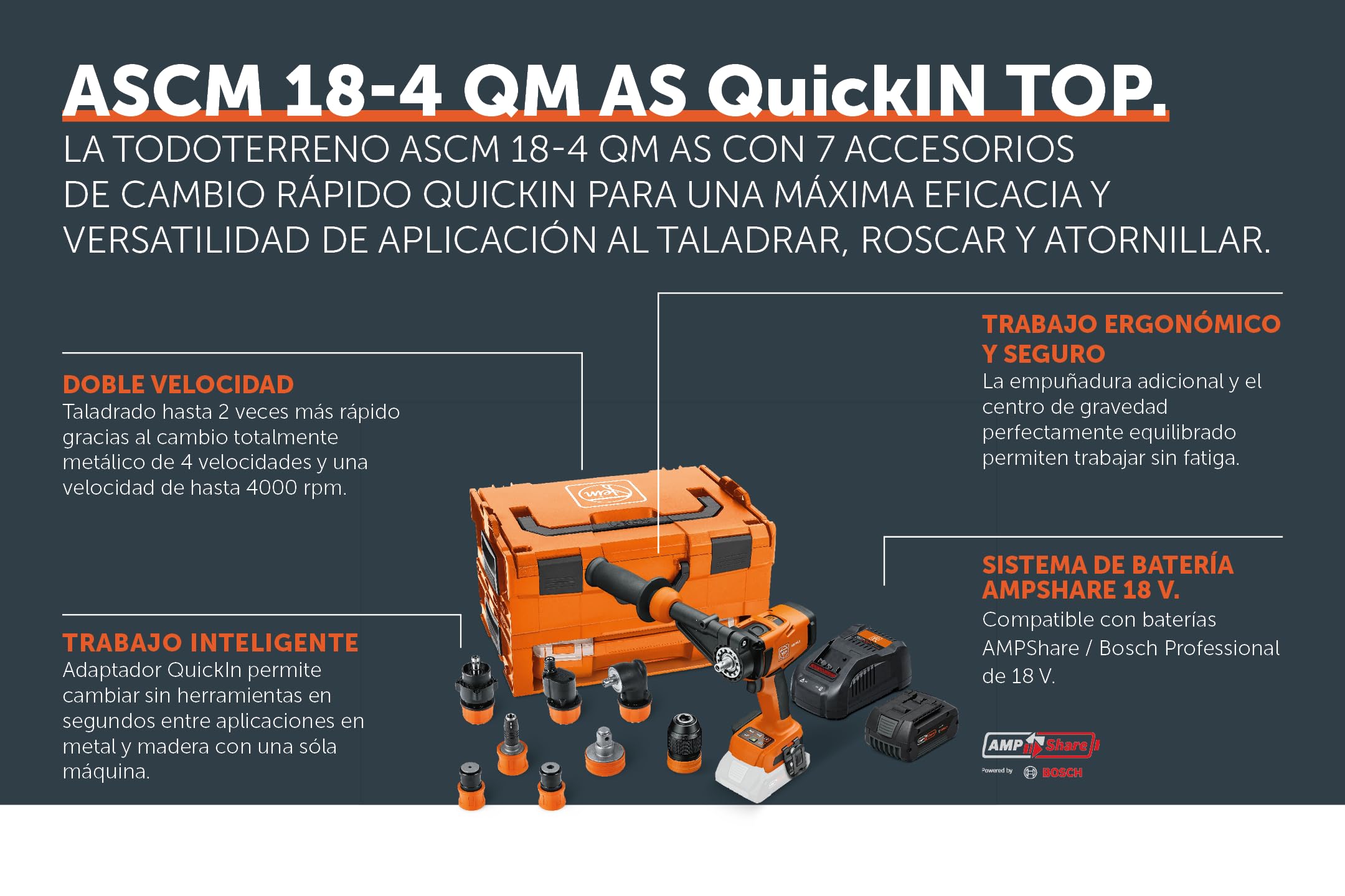 FEIN Taladro atornillador a batería ASCM18-4 QM AS QuickIN Top Set 4 veloc. | Con 7 accesorios de cambio rápido QuickIN, maletín i-BOXX, una batería (GBA18 V 5Ah AS) y un cargador rápido (GAL 1880CV AS).