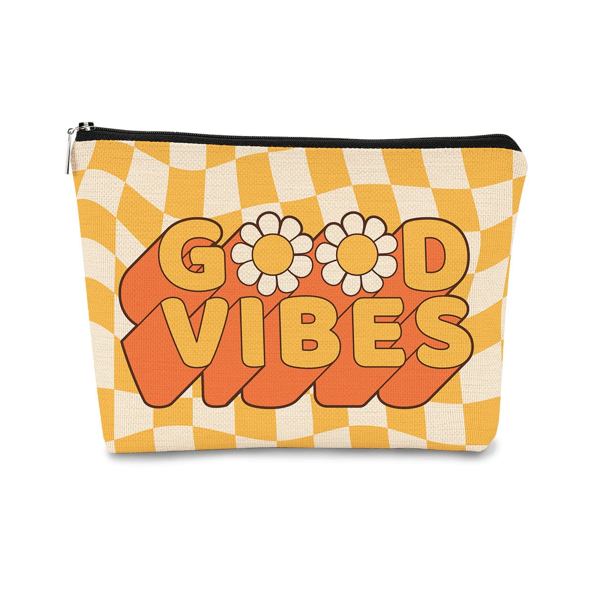 Good Vibes Checkered Groovy Preppy Hippie Yellow White Daisy Inspirational Cosmetic Bag Makeup Bag, Best Gift for Teen Girls Sister Girlfriend,Daughter Gift from Mom,Birthday Valentine's Day Gift