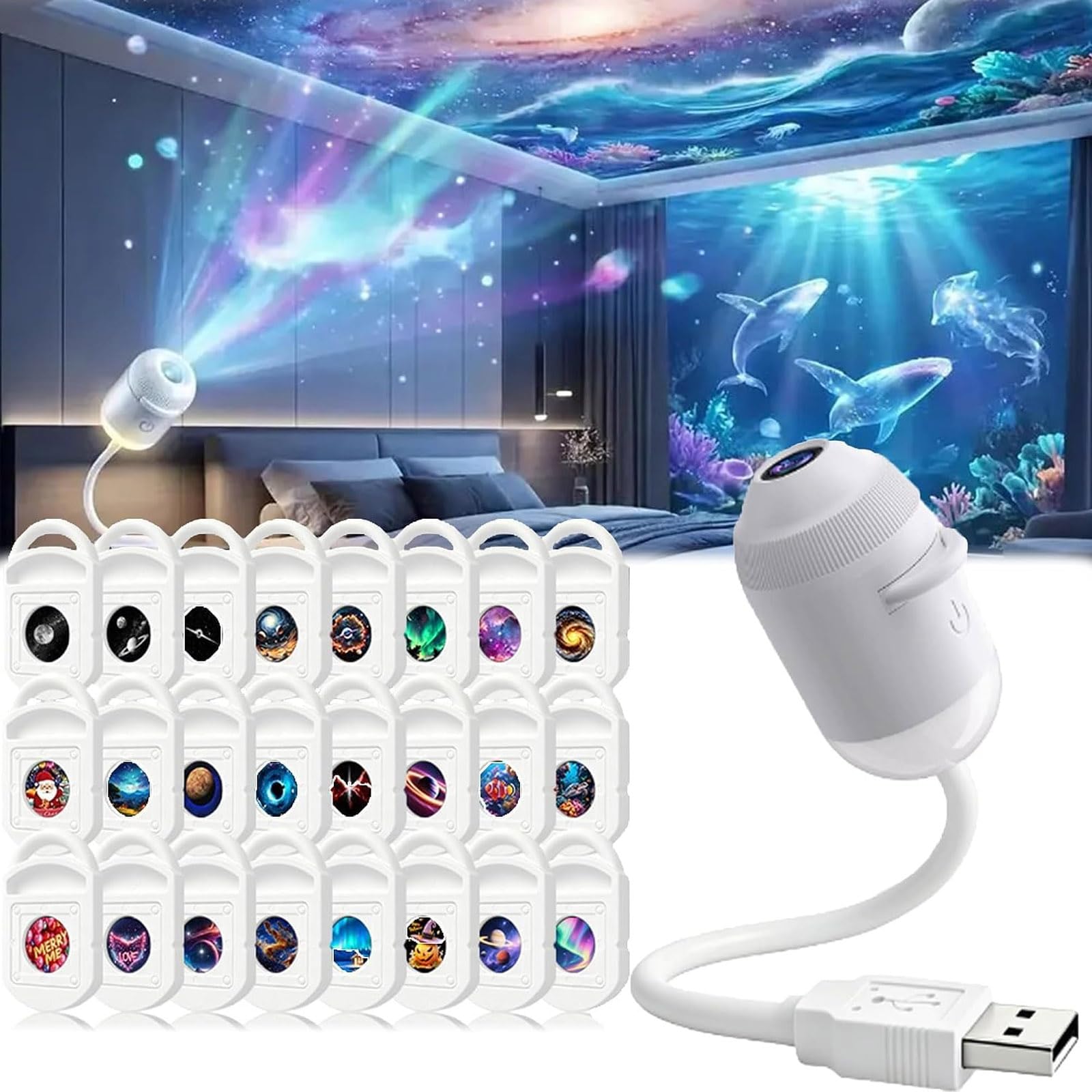Projecteur océan HD Intelligent,veilleuse holographique Dynamique 5D,Projecteur d'étoiles prêt à l'emploi avec Films Projection 3/6/12/24 Pouces,Chambre Lune Galaxie USB 360° ，24 Films