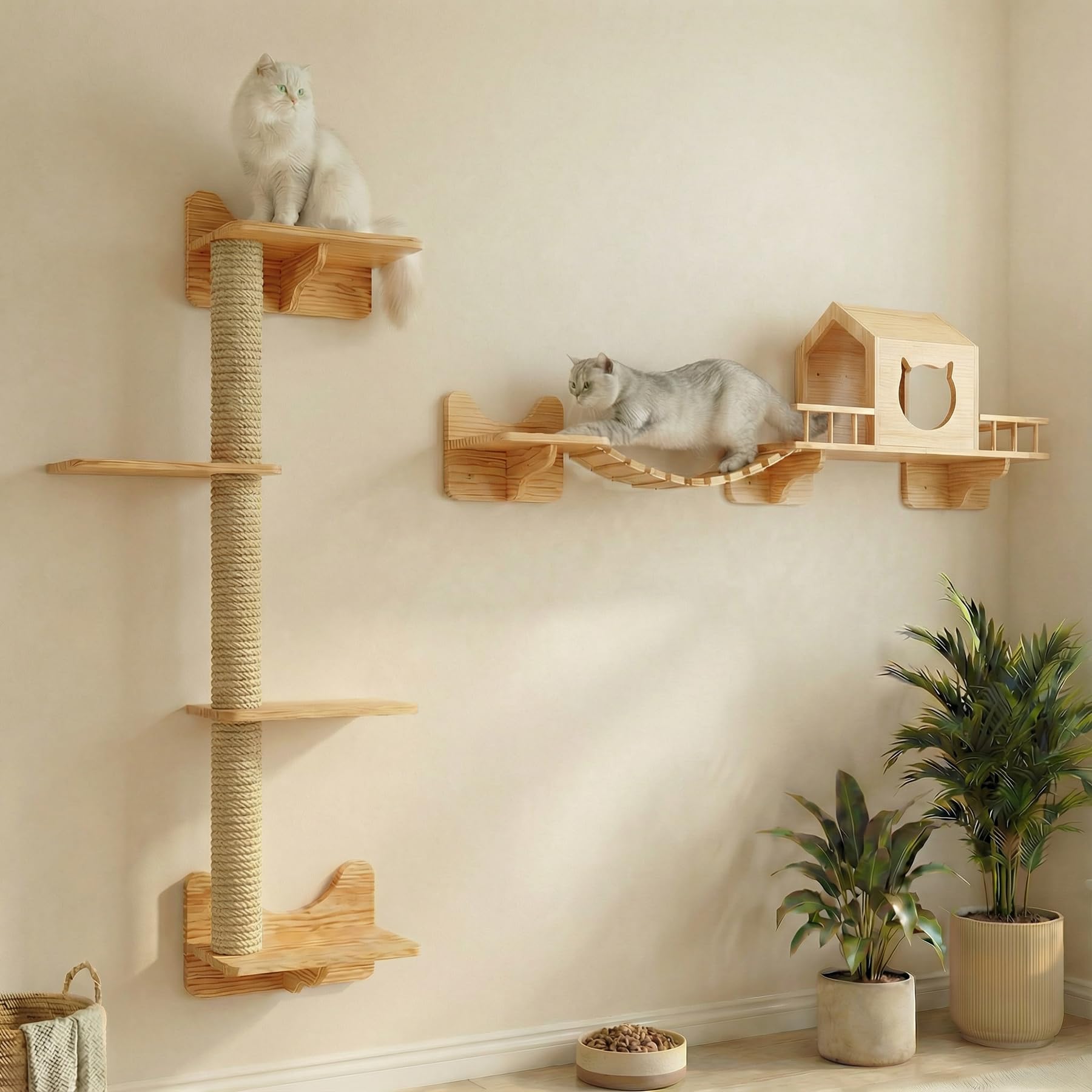 Set da parete per gatto arrampicata, mobili per gatto con 1 casa, 1 scala a ponte, 3 pali antigraffio e 5 gradini