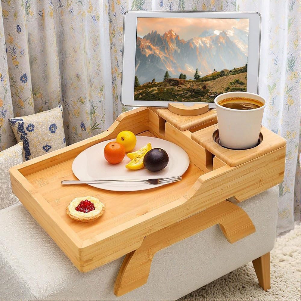 Couch Arm Table, Wood Sofa Armrest with 360° Rotating Cup Holder for Cup, Drink, Phone, Remote, Snack