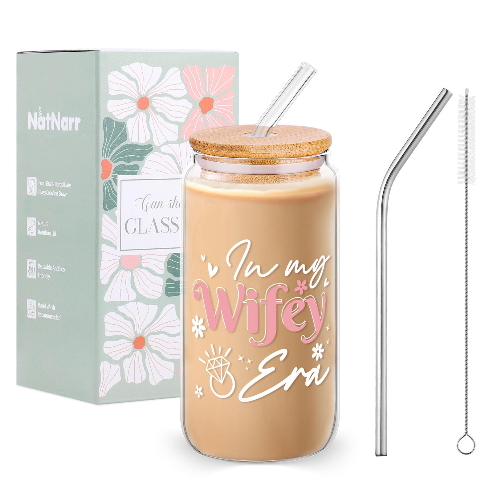 NatNarr Bride to Be Gifts,16 oz Cute Glass Tumbler with Straw and Lid Cleaning Brush Wedding Gifts for Bride Engagement Presents for Her Women Couples, Iced Coffee Cup for Bridal Shower Engagement