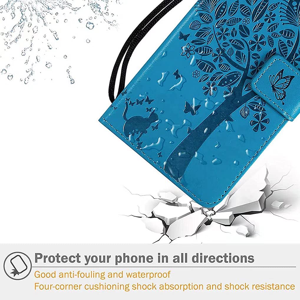 SEAHAI Cover Portafoglio Per Motorola Moto G32: Custodia Con Foglie E Gatto In Rilievo, Blu, Con Cinturino E Supporto