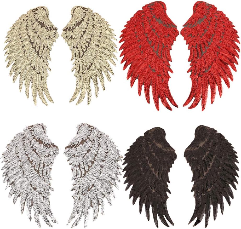 Lwestine 4 Pair Sequins Angel Wings Iron On Patch DIY Embroidered Applique Bling Wings for Jackets Cloth Decoration Valentine's Day Gifts