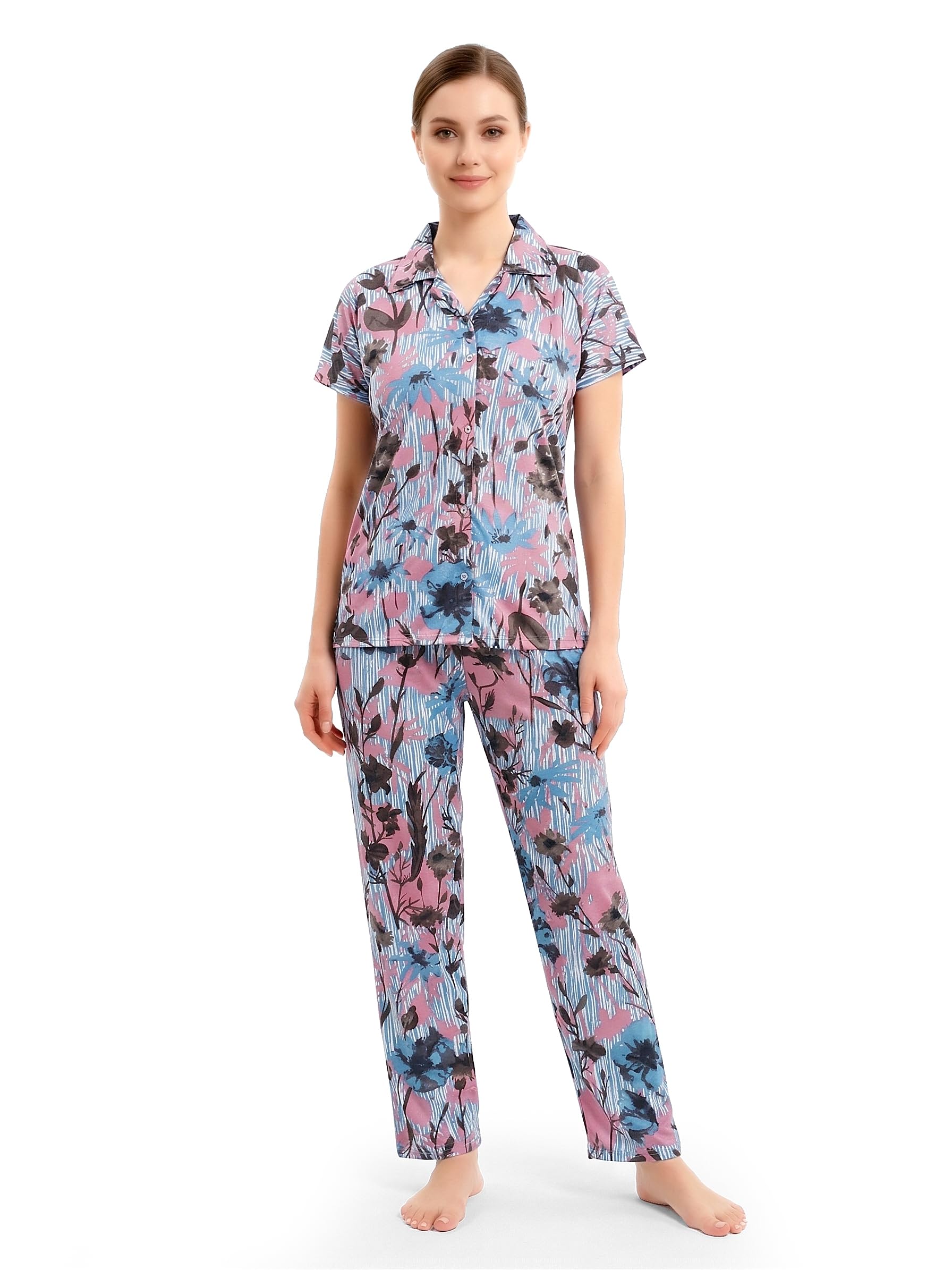 Women’s Floral Print Night Suit Set | Soft Cotton Blend Short Sleeve Button-Down Top with Long Pyjama Pants | Comfortable Sleepwear, Nightwear-image-44